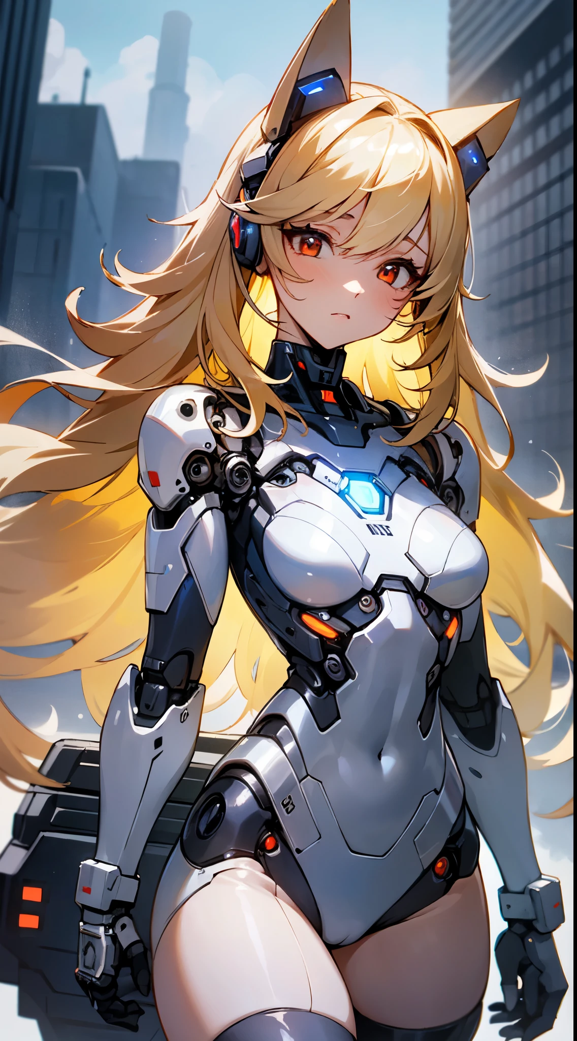 an extremely delicate,
beautiful girl,
break,
8k,
best quality,
masterpiece,
ultra hires,
ultra detailed girl,
super fine illustration,
break,
cowboy shot,
active pose,
rim lighting,
Cinematic Lighting,
outdoors,
(street:1.2),
day,
(sunny:1.2),
bright,
break,
1girl,
solo,
(cyborg girl:1.3),
college age,
perfect female body,
long hair,
big hair,
air bangs,
long bangs between eyes,
fluffy hair,
(shiny blonde hair),
boyish face,
(red eyes),
(glowing cyborg eyes:1.2),
(bare thighs:1.2),
(bare shoulders:1.2),
small breasts,
break,
white body with indigo patterns,
(mechanical joints:1.2),
pale blue energy core,
thigh high socks,
chest armor,
mechanical cat ears,
