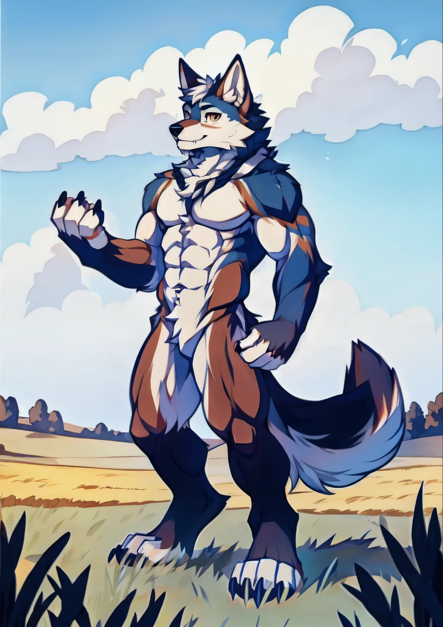 Human-wolf,musculouull Body Furry,paws with claws,pass upright,The upper body naked,field