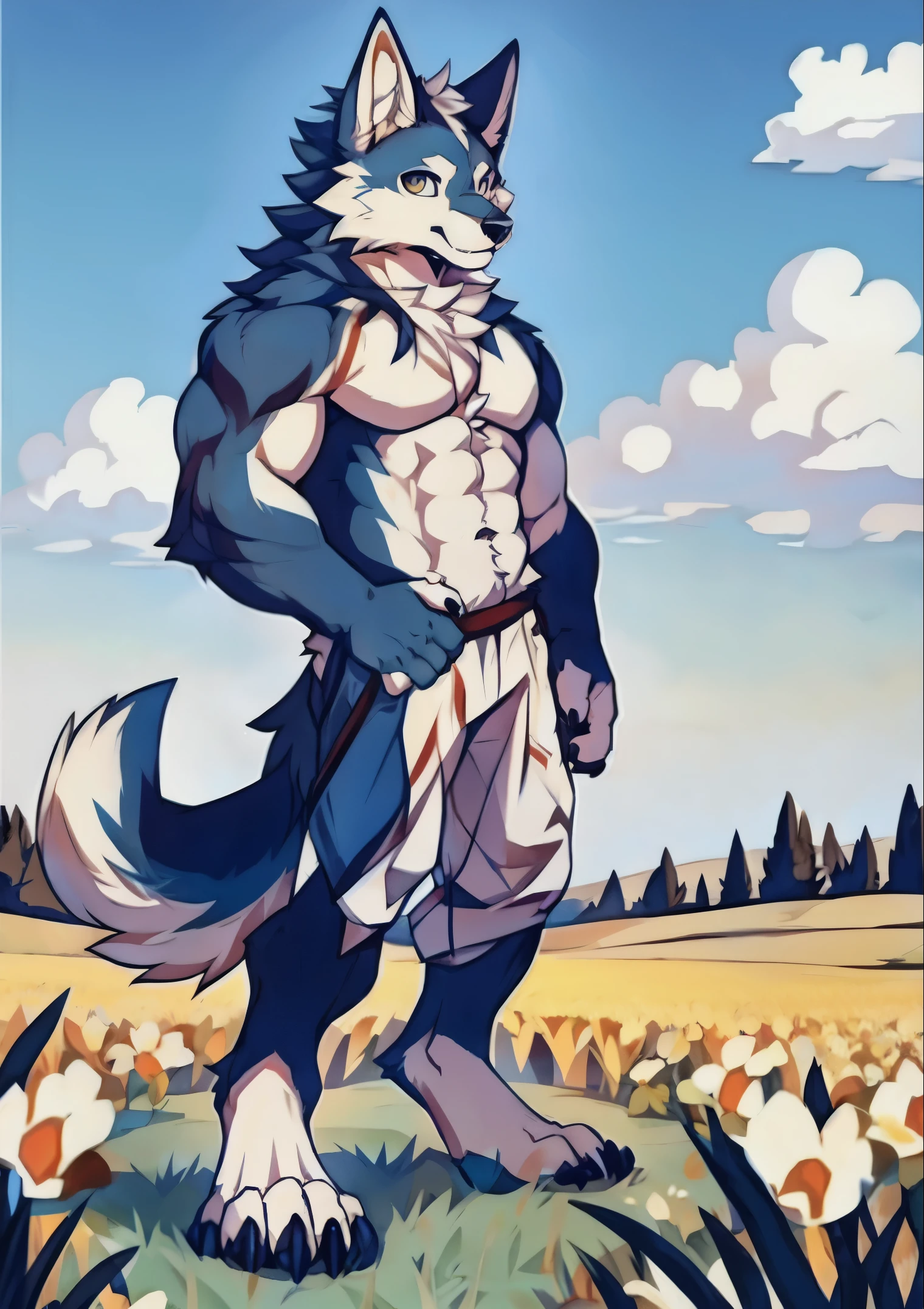 Human-wolf,musculouull Body Furry,paws with claws,pass upright,The upper body naked,field