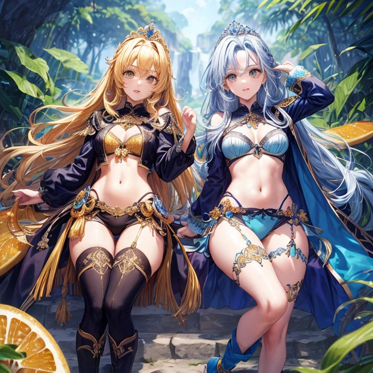 Floresta de fadas, tema fada, conto de fadas,
1girl, (( asas de fada azul:1.2 ), olhos azuis, ( cabelos longos, cabelo laranja vermelho:1.2 ), medium breasts ), ( top cropped azul brilhante, stomach cutout ), ( minissaia azul brilhante, botas azuis de salto alto ), tiara dourada,