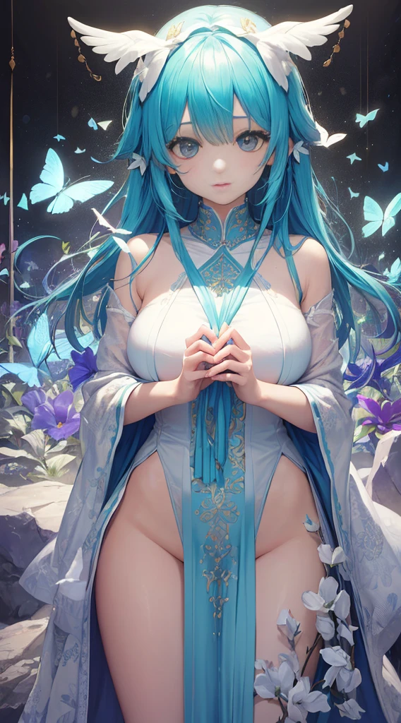 (tmasterpiece:1.1),(Best quality at best:1.1),(HighDynamicRange:1),ambient lights,hyper qualit,( Super detailed original image),(1个Giant Breast Girl, full bodyesbian),((harajuku fashion)),((flower with human eyes, flower eyes)),double contact,流体抽象Artistically的融合,Glitching,(Original illustration composition),(Limited color blending, 极简Artistically风格, 几何Artistically风格, butterflys, Artistically),underdressing