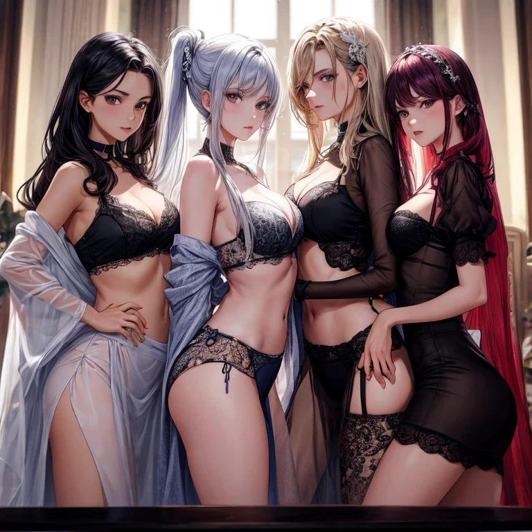 3 mulheres, un hombre con 3 mulheres muy pegadas a el, rabo-de-cavalo, cabelos longos, roupas transparentes muito molhadas, They are all very close, tanto que se tocam.
