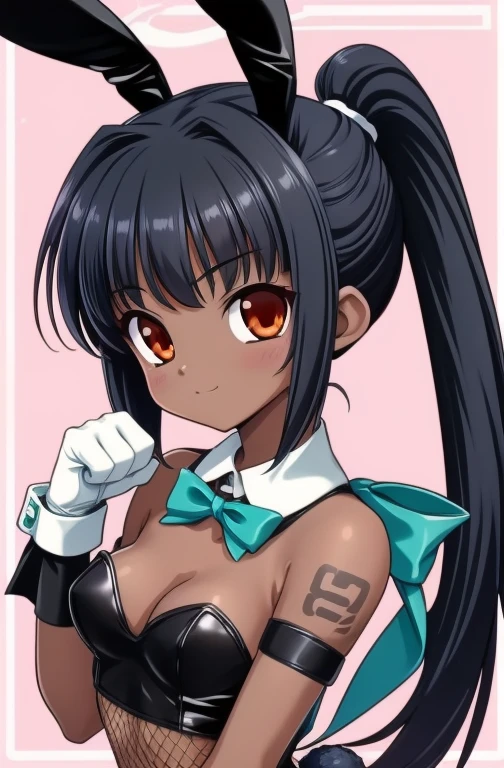 (2000s anime cels style:1.2), vivid colors, retro anime, 2000s anime, early 2000's inspired anime, early 2000's esthetics, 1girl, solo, facing viewer, looking at viewer, upper body, smile, karin kakudate, very dark skin, halo, very long hair, tattoo, ponytail, bunny, rabbit ears, black leotard, detached collar, aqua bow, fishnet pantyhose, wrist cuffs, white gloves.