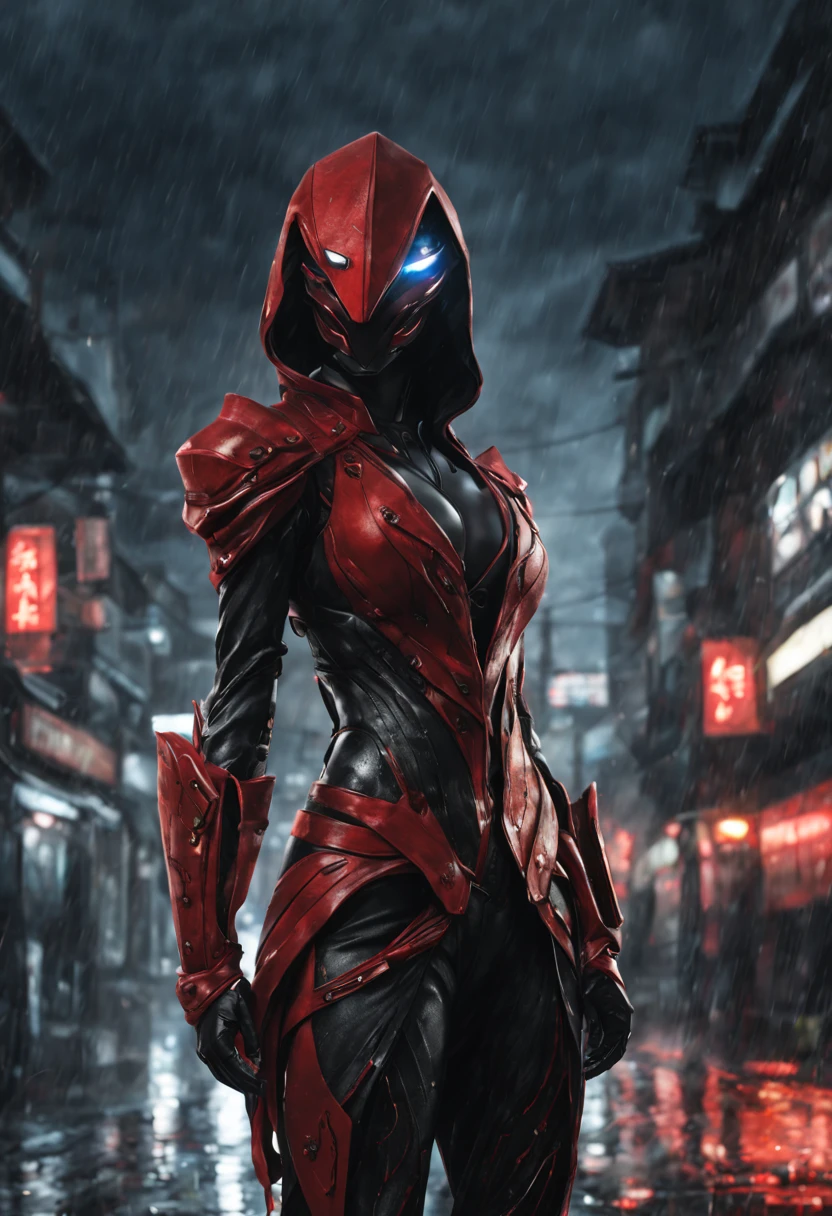 1 japanese girl, WARFRAME, intricate pattern, heavy metal, energy lines, faceless, glowing eyes, elegant, intense, blood red and black uniform, solo, modern, city, streets, dark clouds, thunderstorm, heavy rain,, dramatic lighting,, (masterpiece:1.2), best quality, high resolution,   beautiful detailed, extremely detailed, perfect lighting,
