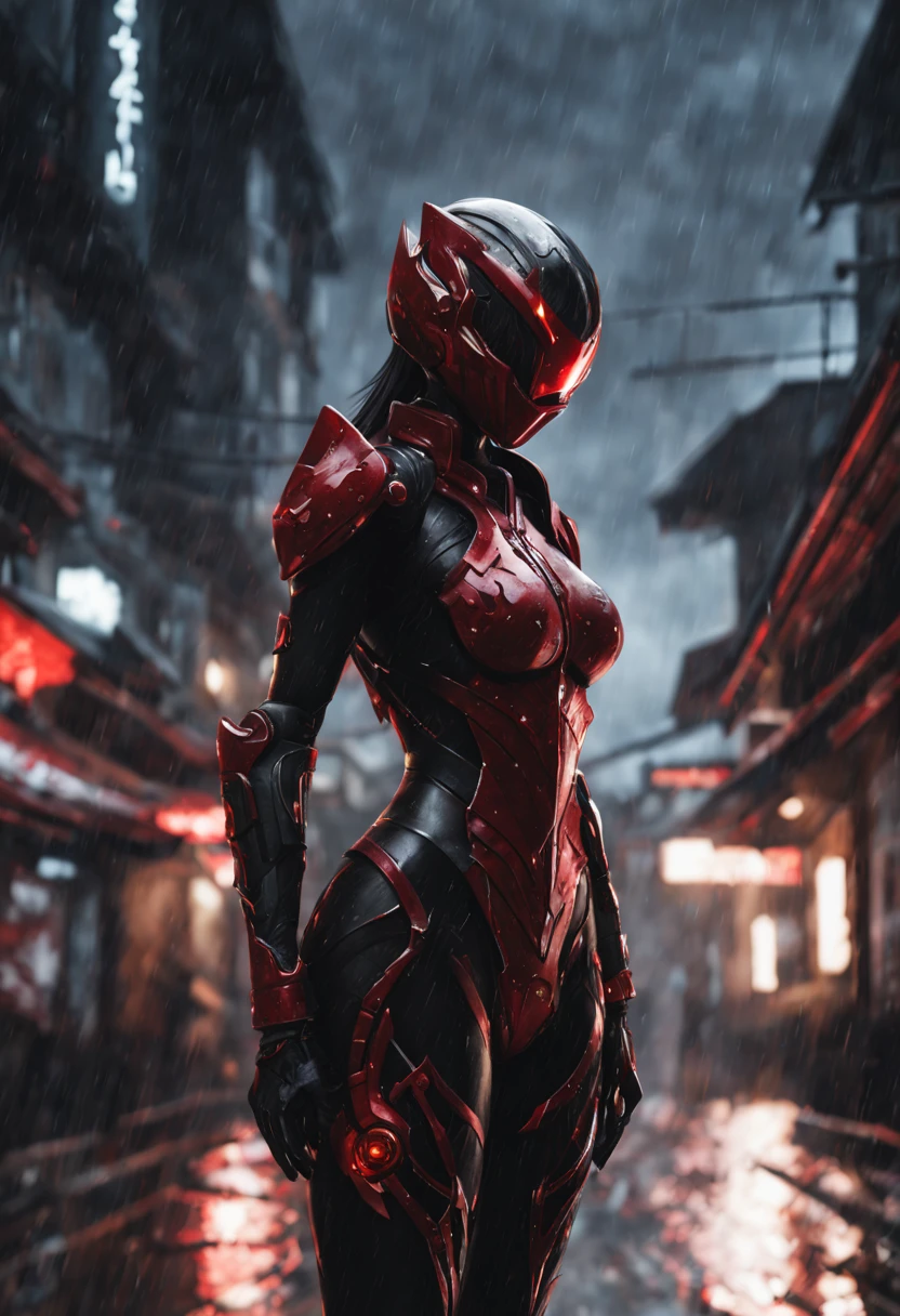 1 japanese girl, WARFRAME, intricate pattern, heavy metal, energy lines, faceless, glowing eyes, elegant, intense, blood red and black uniform, solo, modern, city, streets, dark clouds, thunderstorm, heavy rain,, dramatic lighting,, (masterpiece:1.2), best quality, high resolution, beautiful detailed, extremely detailed, perfect lighting,
