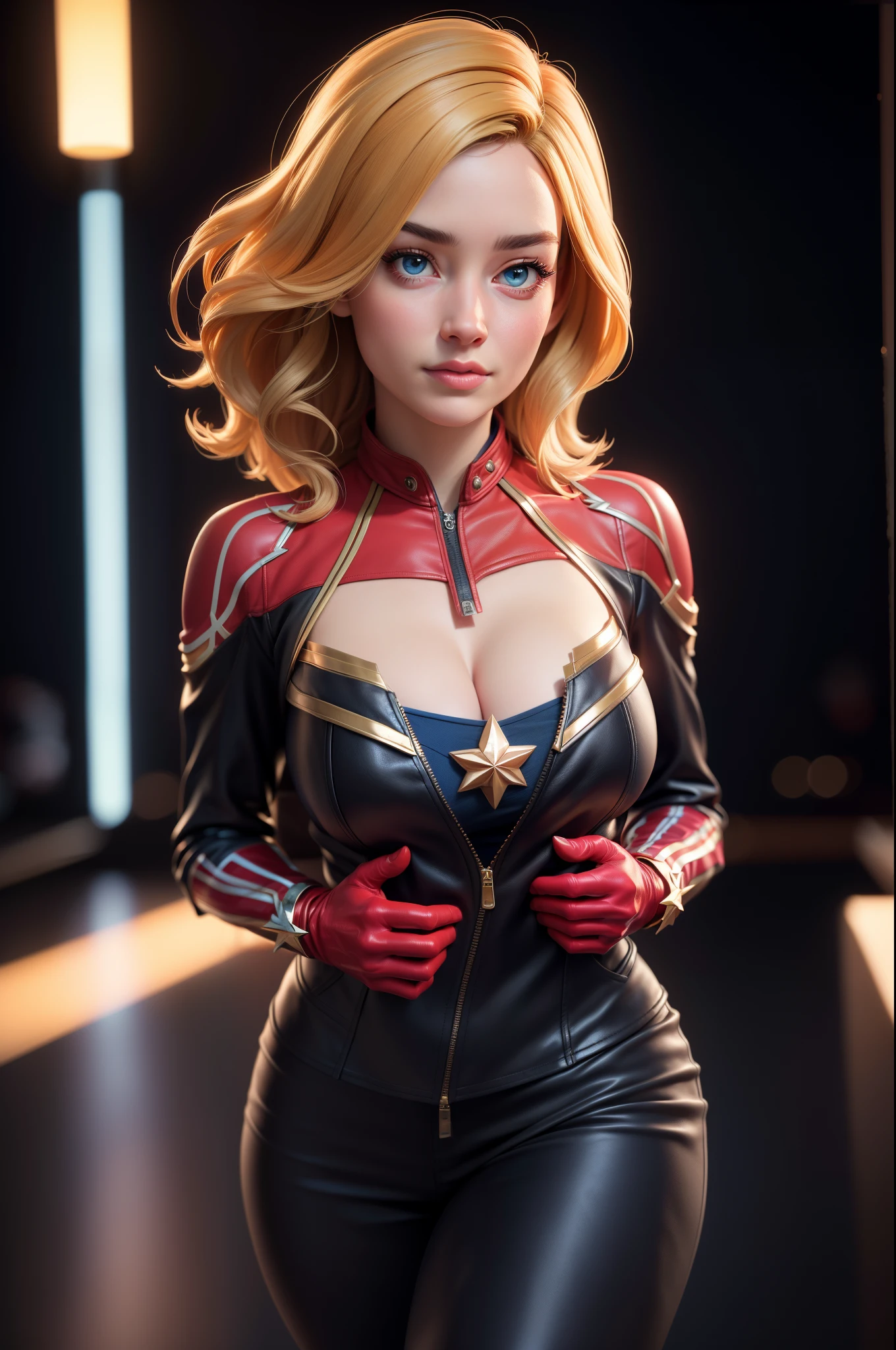 (best quality, masterpiece), 1girl, solo, glitter, leotard, bare legs, particle, superhero, boots, gloves, clenched fists, standing, hands on hip, smile, city backdrop, beautiful detailed eyes, american, age 22