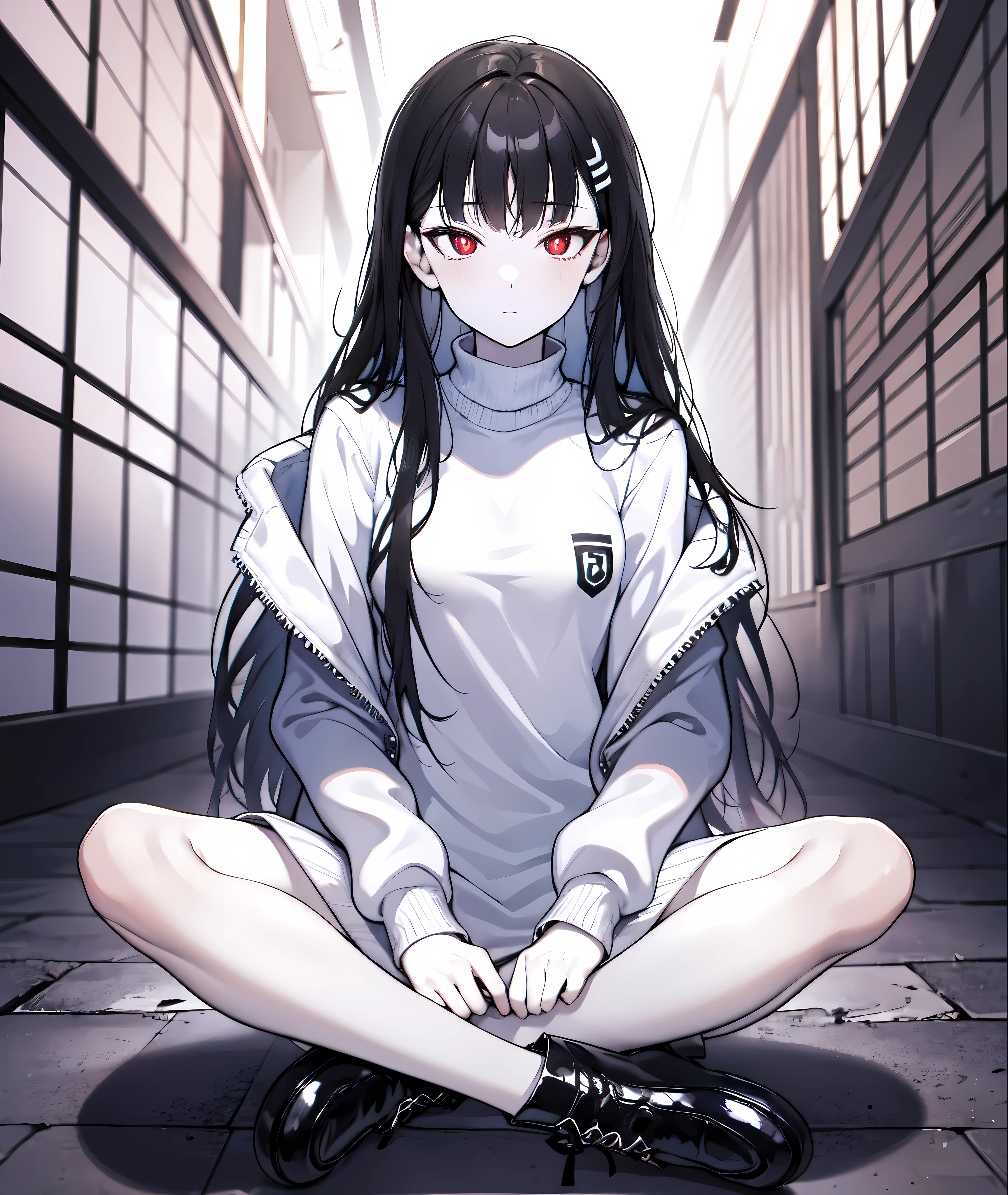 detailed, (masterpiece:1.2), (pale skin:1.2), (solo:1.2), (female), (emphasis lines:1.3), slender, black hair, green sweater, (boots), (alley), dark, hairclip, red_eyes, (white_pupils), (expressionless)