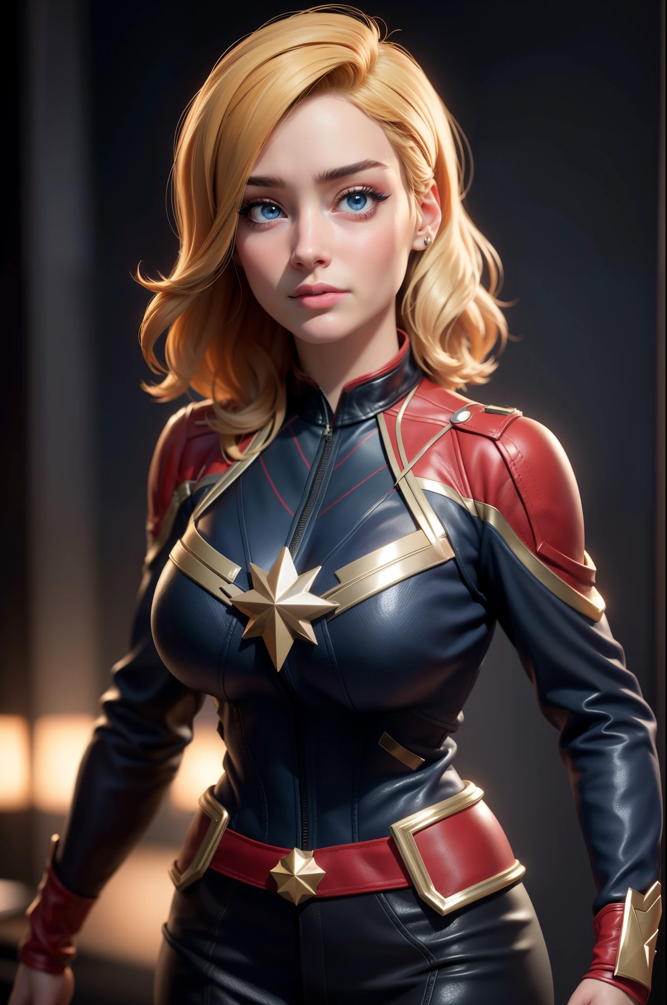 (best quality,4k,8k,highres,masterpiece:1.2), ultra-detailed, (realistic,photorealistic,photo-realistic:1.37), HDR, UHD, studio lighting, extreme detail description, professional, vivid colors, bokeh, portraits, Brie Larson (1girl, big breasts, cleavage, glowing eyes, sexy skin), medium hair, full body portrait, wearing a captain marvel contemporized outfit, sexy, leather jacket, seductive.