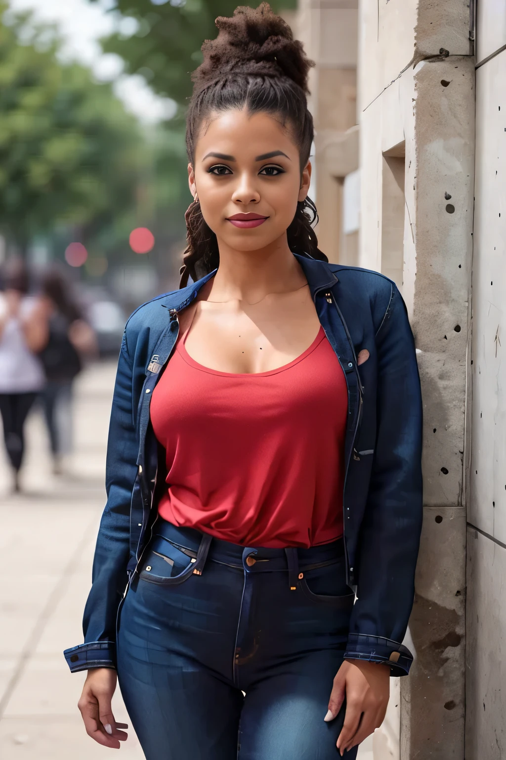 Photo of beautiful Caucasian woman, Zazie fotorrealista, Rastas, absurdos, ((con blusa escotada , jeans rotos, chaqueta negra,)) foto casual, mirando hacia el cielo, pensativa