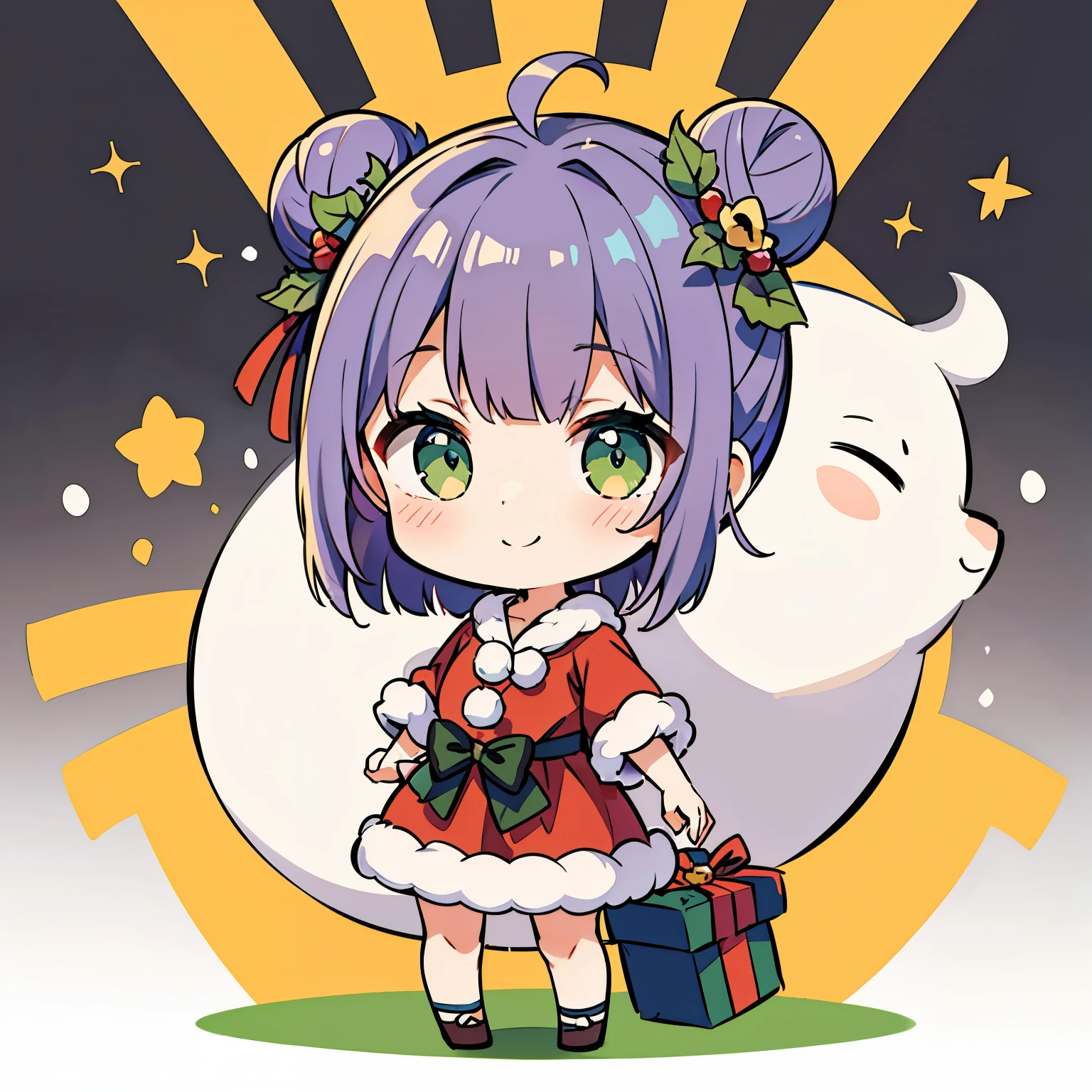 ((Best Quality)), (((masuter piece)))、Solo、Perfect face,(((Violet hair)))、faded green eyes、(bobhair)、short-hair、(((two bun hairstyle)))、Ahoge、(a smile)、((Santa Claus Costume))、(((Black Neeso)))、hoodie style costume、sunflower accessories、sunflower hair tie、,the pose、energetic the pose、((Chibi Chara))、瞳に☆の形の模様がある、Winters、
