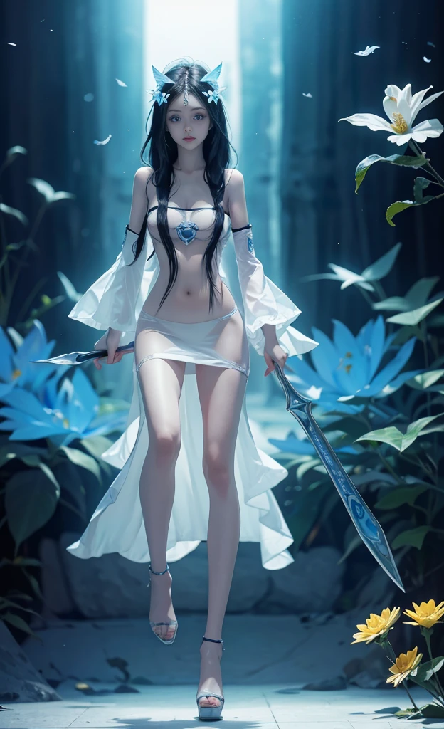 the hair,Nice face,blue bikini armor,Heterochromatic pupil,fully body photo,half moon,under moonlight,(tmasterpiece:1.1),(Best quality:1.1),(HighDynamicRange:1),ambient light,Super quality,( Super detailed original image),(1 Sister, Upper part of the body),((harajuku fashion)),((flower with human eyes, flower eyes)),double contact,A fusion of fluid abstract art,An error occurred,(Original illustration composition),(Limited color mixing, Minimalist art style, butterflys, artistically),比基尼