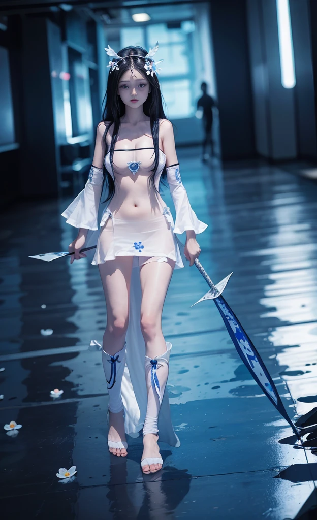 the hair，Nice face，blue bikini armor，Heterochromatic pupil，fully body photo，half moon，under moonlight，(tmasterpiece:1.1),(Best quality:1.1),(HighDynamicRange:1),ambient light,Super quality,( Super detailed original image),(1 Sister, Upper part of the body),((harajuku fashion)),((flower with human eyes, flower eyes)),double contact,A fusion of fluid abstract art,An error occurred,(Original illustration composition),(Limited color mixing, Minimalist art style, butterflys, artistically),比基尼