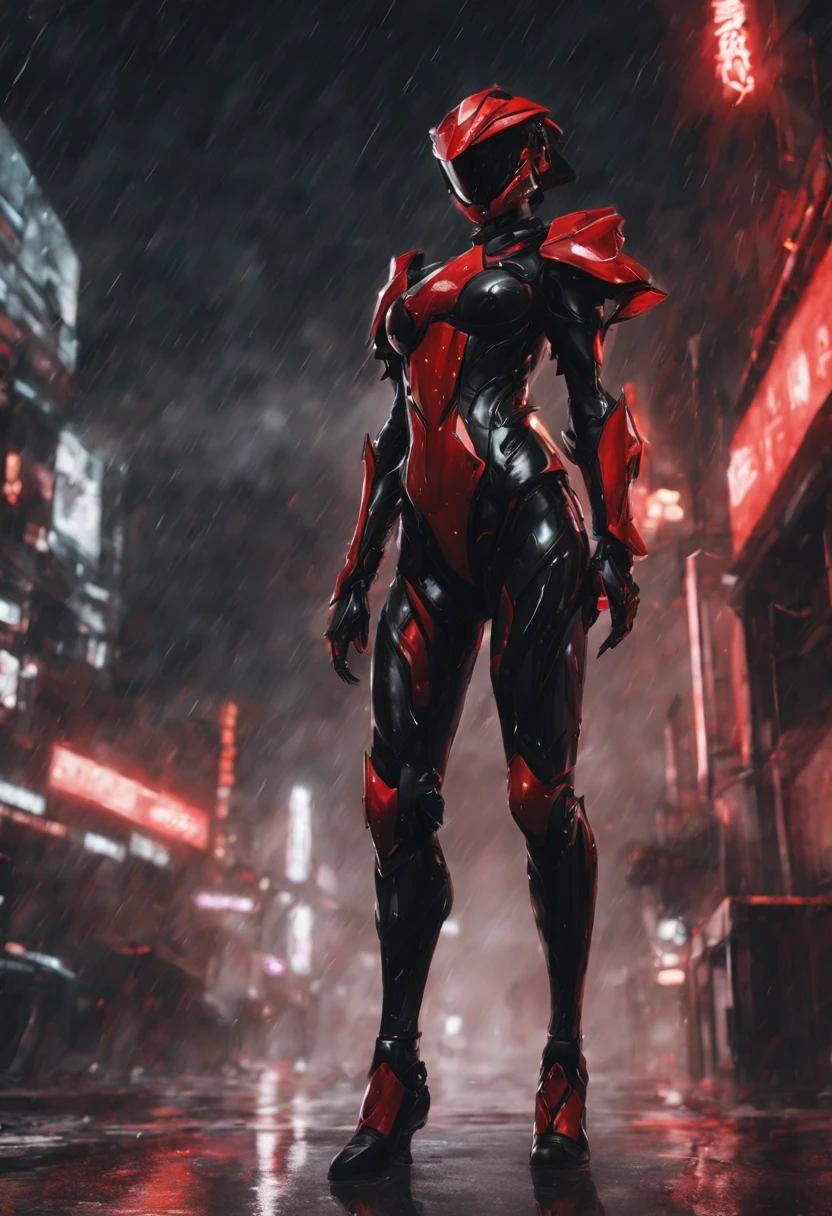 1 japanese girl, WARFRAME, intricate pattern, heavy metal, energy lines, faceless, glowing eyes, elegant, intense, blood red and black uniform, solo, modern, city, streets, dark clouds, thunderstorm, heavy rain,, dramatic lighting,, (masterpiece:1.2), best quality, high resolution, beautiful detailed, extremely detailed, perfect lighting,