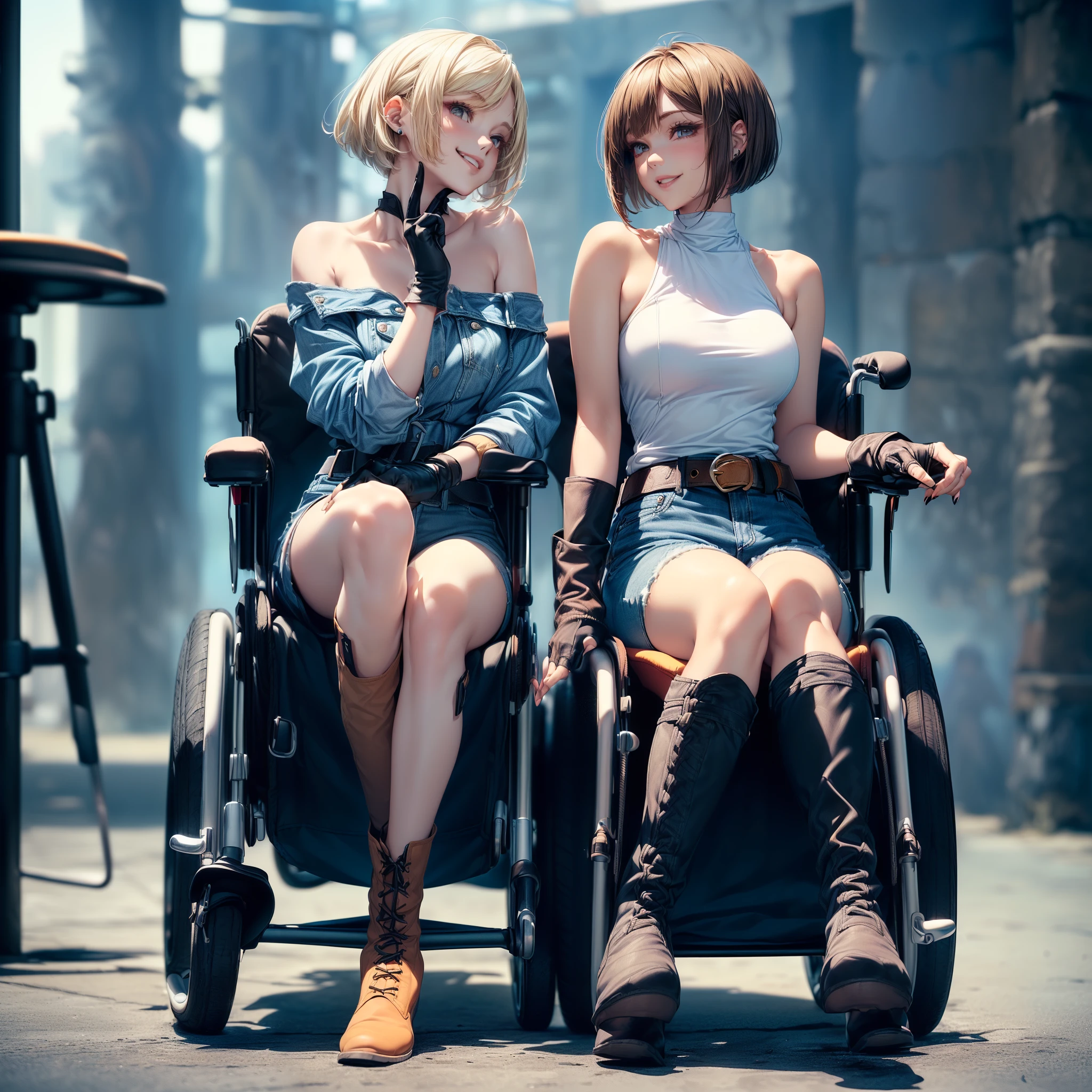((two womens))(One Woman on the Left,A slender woman with a round face and brown hair is sitting in a wheelchair with a large backrest 1.8,wearing a white dress1.8,accurate leg 1.8,Knee pads on legs1.5,complicated boots 1.8 )(The person on the right has short blonde bob hair..、Woman wearing off-shoulder tops 1.8、she is wearing denim shorts1.8,Belt on leg 1.5,黒のcomplicated boots 1.8 Sit in a wheelchair with a large backrest: 1.7) (They are wearing black open finger gloves: 1.8) (Detailed full-length view、they look seductively smiling..: 1.6)