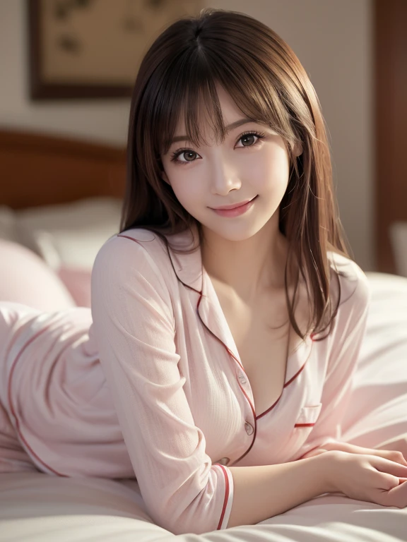 (8k, RAW photo, best quality, masterpiece, extremely detailed:1.2),(realistic, photo-realistic:1.4), sharp focus, depth of field, blur background, bokeh, cinematic lighting, soft light, cute Japanese idol, (detailed skin: 1.2), pale skin, brown eyes, smiling, looking at viewer , ((pajamas)), simple room, (big breasts), (lying:1.2)