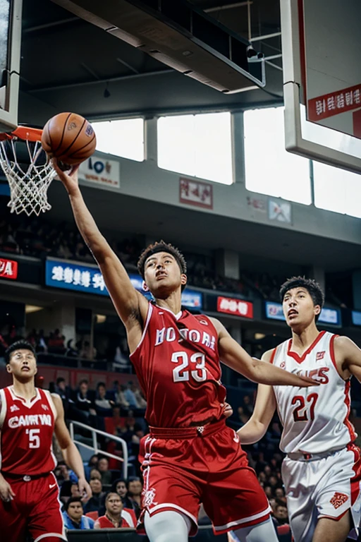 Create a scene where a North Korean basketball team competes internationally, showcasing their distinctive playing style. How do opposing teams and audiences react to the unconventional rules, and how does this impact North Korea's standing in the global basketball community?
