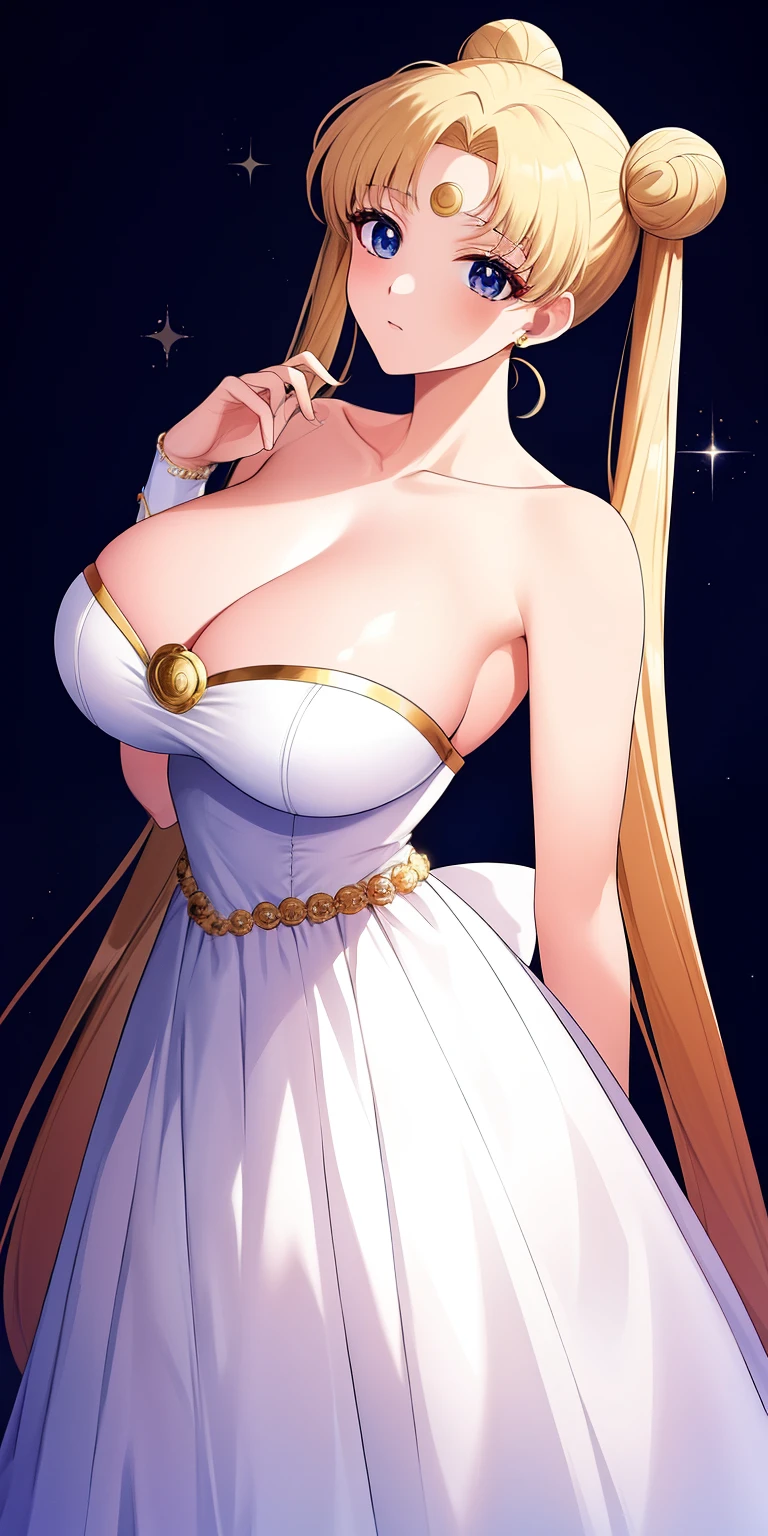 SMU Sagitsukino, 큰pectorals, Standing, Solo, Masterpiece, Best Quality, Detailed face, Detailed Eyes, high resolucion, Masterpiece, Best Quality, Detailed face, Detailed Eyes, high resolucion, SMPrincessCostume,Serenity,프린세스Serenity,네오퀸Serenity,pectorals,Big,거대한pectorals,풍만한pectorals.a blond,Dango hair,왕pectorals,breast,forehead crescent moon,젖pectorals,흘러넘치는pectorals,voluptuousness,The dress