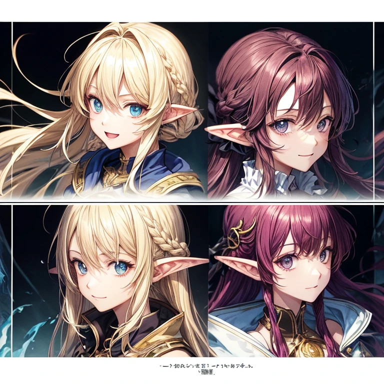 obra prima、qualidade superior、超A high resolution、Bishonen Modelo 2D、animesco、Adolescente、elvish ears、cabelos dourados、Os cabelos compridos、cavaleiro, lindos olhos vermelhos、The clothes are also pictured in detail、The eyes are depicted in detail、The face is depicted in detail、soio、sorriso suave、adornos de cabelo、animesco、illustratio
