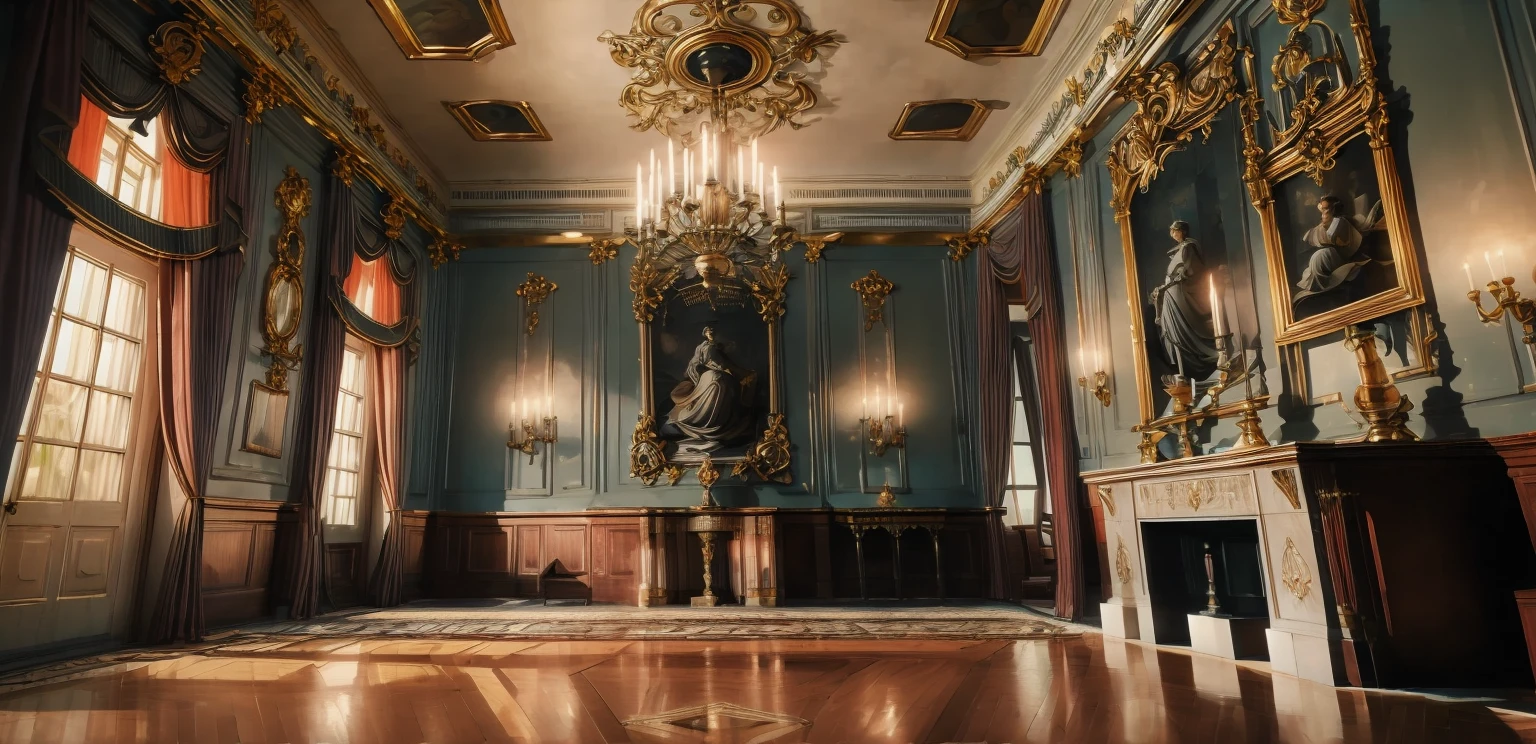 (Best quality),(masterpiece),(ultra detailed),(high detailed),(extremely detailed),Dramatic lighting, epic composition, wide angle, cinematic, moody, ornate, highly detailed, vintage American baroque style interior, octane render, ray tracing reflections, ambient occlusion, 8K