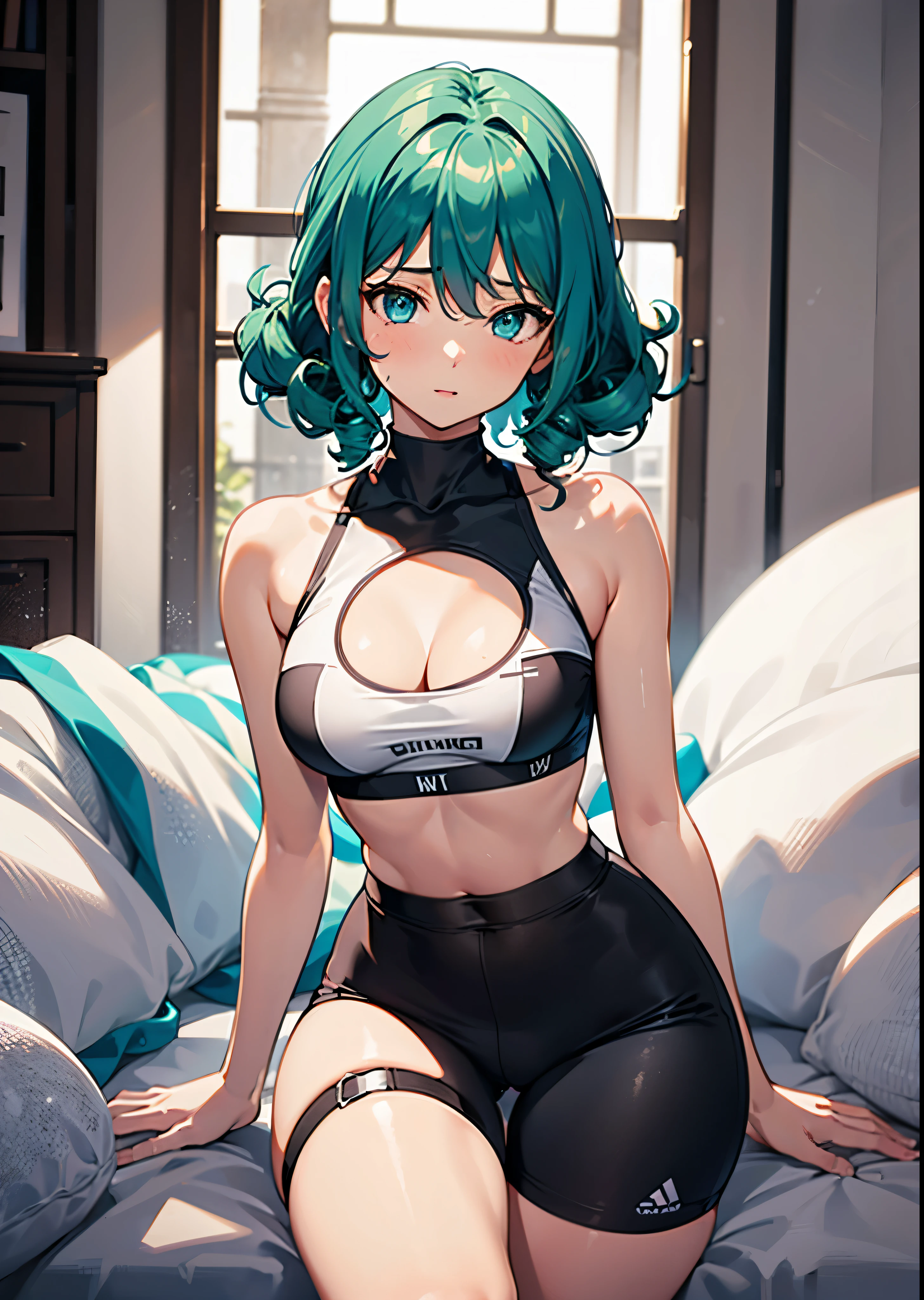 1 girl, solo, anatomically correct, short hair, curly hair, intense curls, cyan colour hair, green hair, beautiful blue eyes, medium sized boobs, small waist, wide hips, hourglass figure, Juicy thighs, wearing a short sports bra, side boob, turtle neck sports bra, bare shoulders, mini skirt, sexy skirt, stockings, stockings squeezing her thighs, sexy pose, 8k, best quality