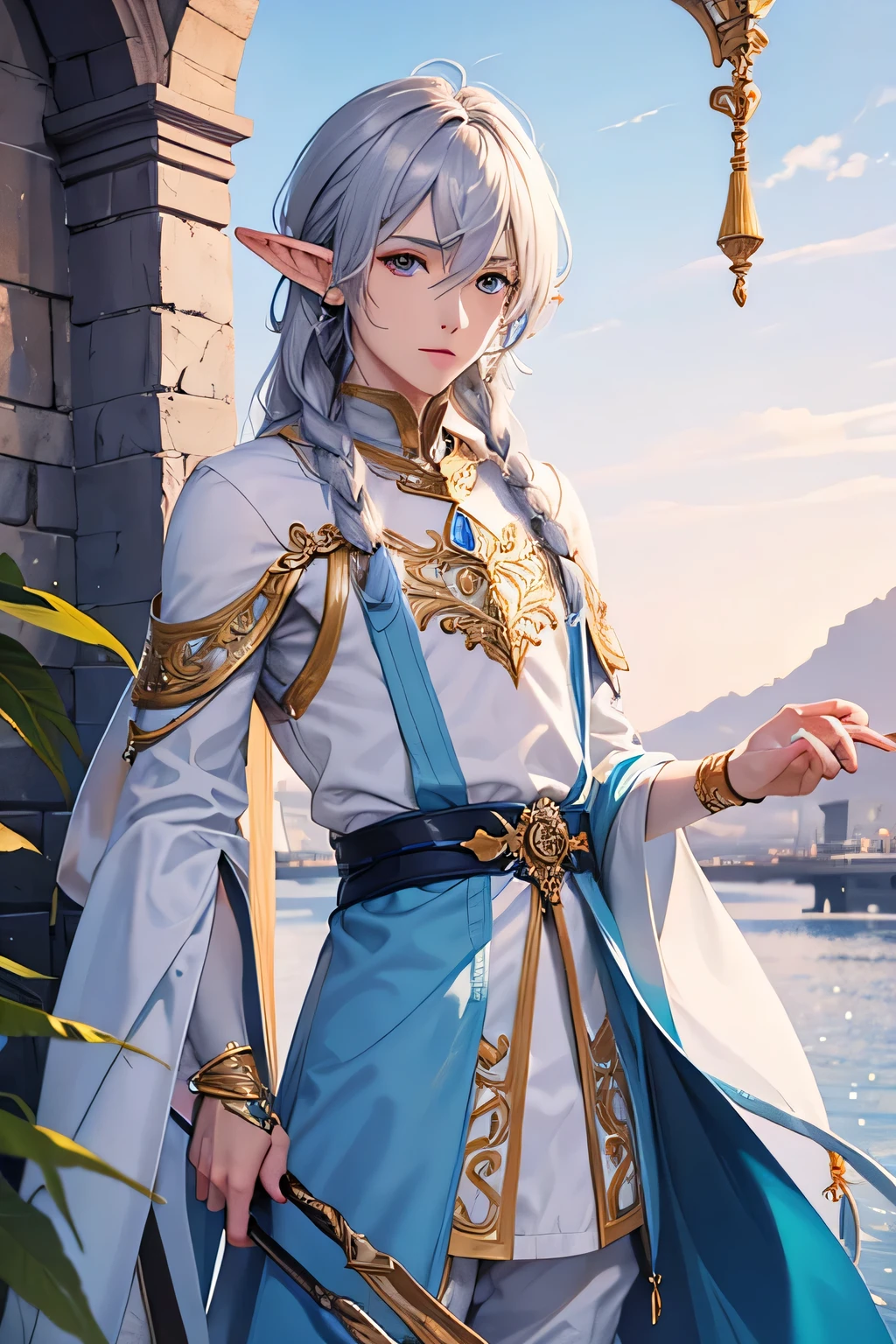 male people、twinks、silber hair、elvish、fantasy outfit