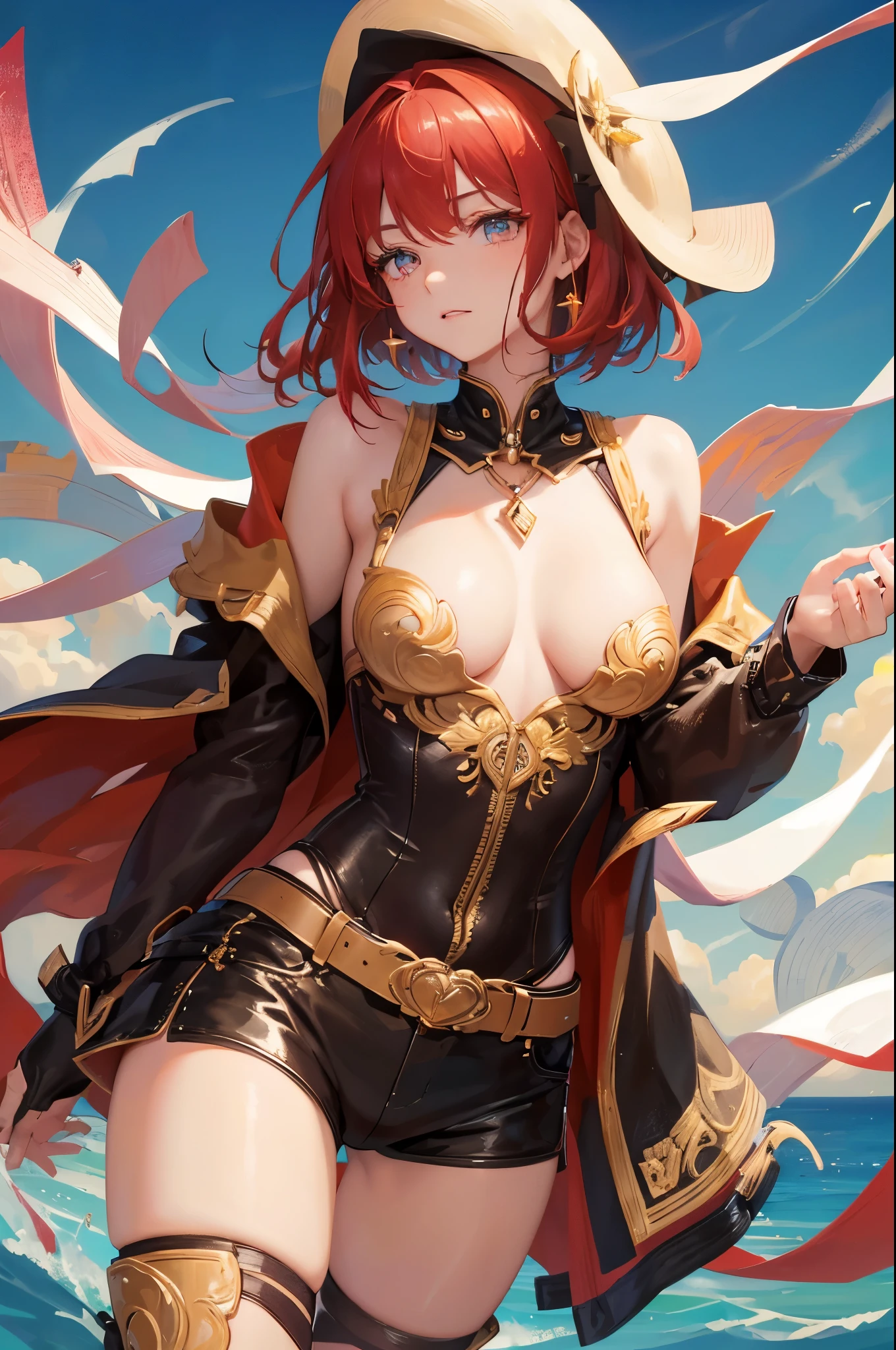 (Official art、Best Quality、Unity 8k Wallpapers、32K、 masterpiece、ultra-detailliert、High resolution,Perfect Anatomy),(natural soft light:1.2),Detailed beautiful face and eyes,shoot from front,cowboy shot,(focus 1woman,solo:1.2),20-year-old beauty,red hair,short bob hair,red eyes,(smaller head:1.2,skinny:1.2,ideal ratio body proportions:1.2,tiny breasts,detached breasts),Military Personnel、military outfits、