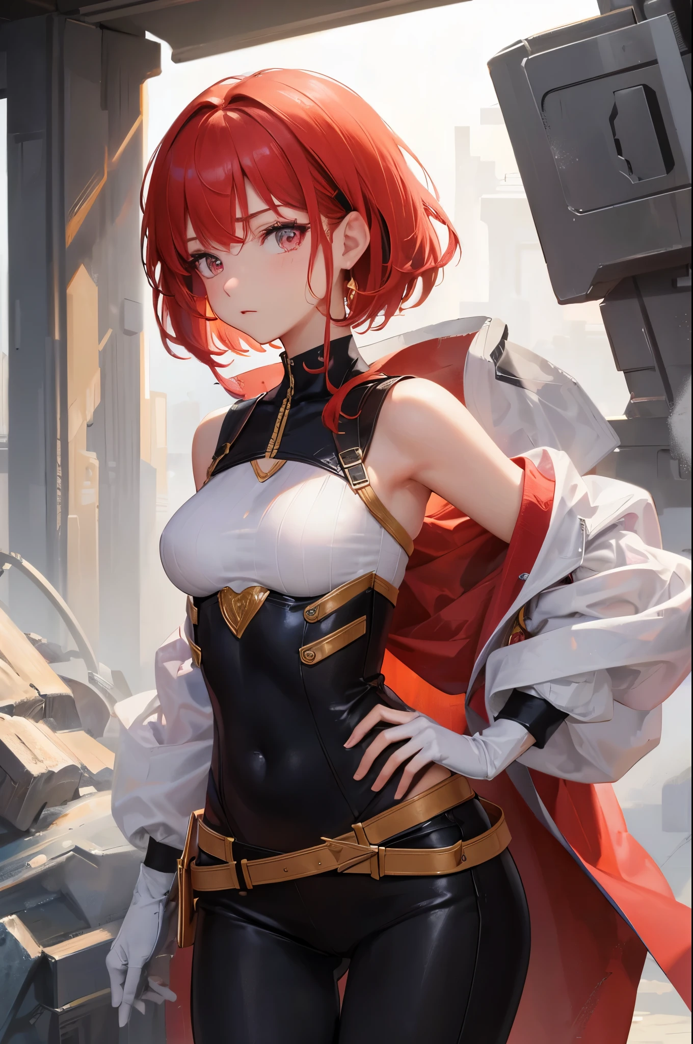 (Official art、Best Quality、Unity 8k Wallpapers、32K、 masterpiece、ultra-detailliert、High resolution,Perfect Anatomy),(natural soft light:1.2),Detailed beautiful face and eyes,shoot from front,cowboy shot,(focus 1woman,solo:1.2),20-year-old beauty,red hair,short bob hair,red eyes,(smaller head:1.2,skinny:1.2,ideal ratio body proportions:1.2,tiny breasts,detached breasts),Military Personnel、military outfits、
