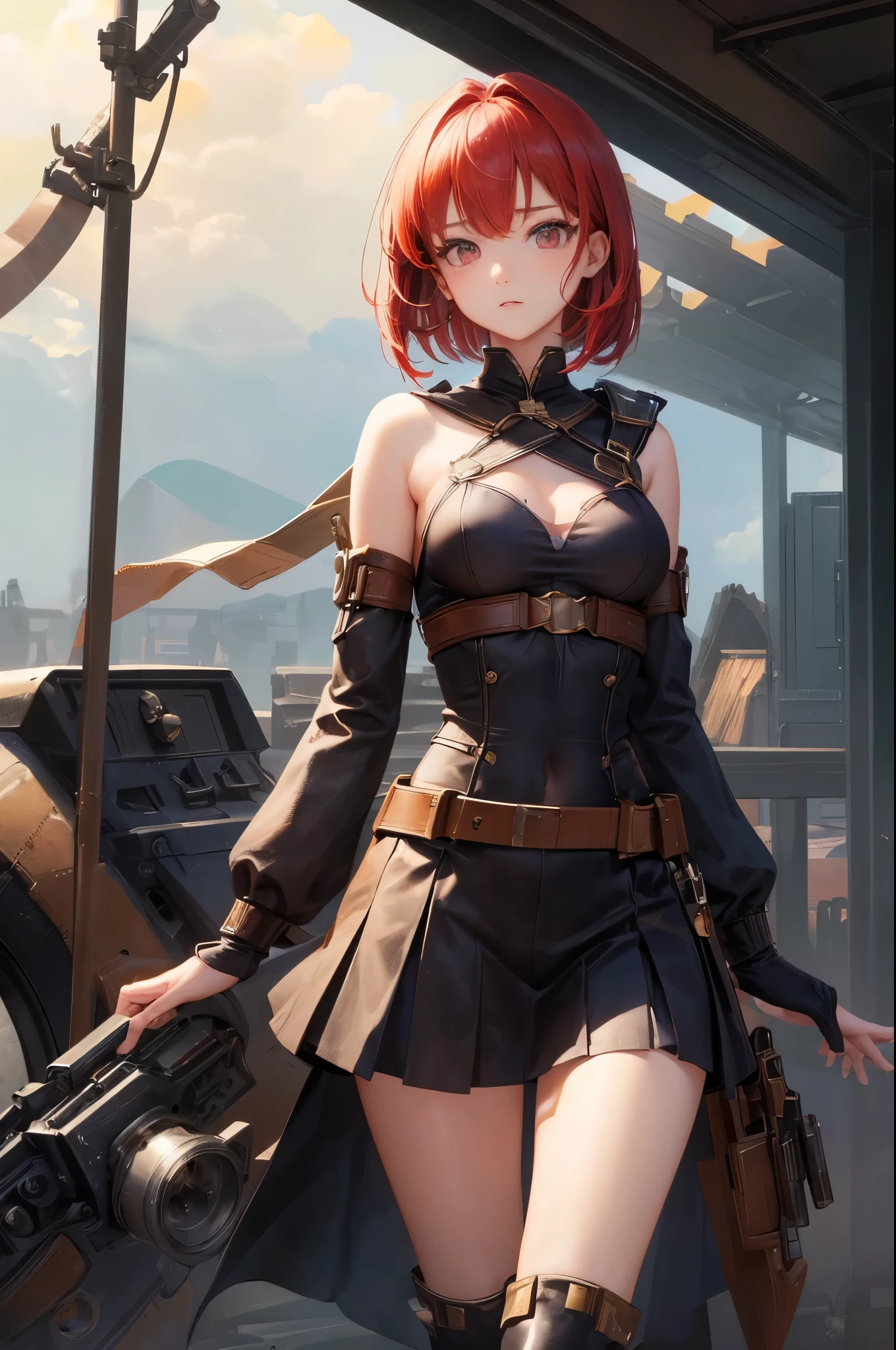 (Official art、Best Quality、Unity 8k Wallpapers、32K、 masterpiece、ultra-detailliert、High resolution,Perfect Anatomy),(natural soft light:1.2),Detailed beautiful face and eyes,shoot from front,cowboy shot,(focus 1woman,solo:1.2),20-year-old beauty,red hair,short bob hair,red eyes,(smaller head:1.2,skinny:1.2,ideal ratio body proportions:1.2,tiny breasts,detached breasts),Military Personnel、military outfits、cuffed collar jacket、a miniskirt,thighs,Absolute Area、steam punk,