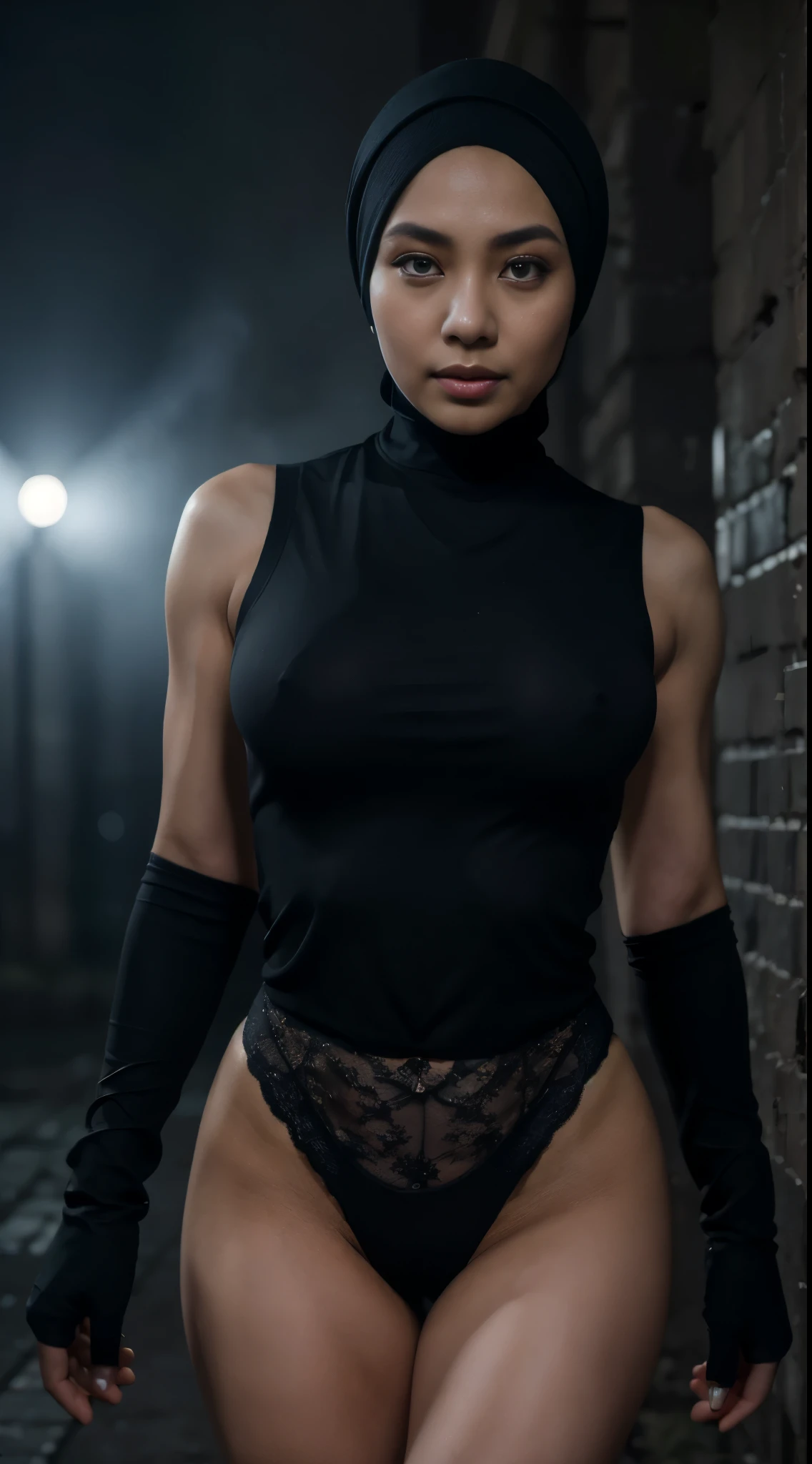 masterpiece, Best Quality, hight resolution, 1 malay girl in hijab, Solo, hijab, Blue eyes, Black Gloves, sexy exposed Police Uniform, police badges, black tight lace panties, sleeveless, Close up Shot, dark alley background, nighttime, a lot of smoke in background, horror scene, blur background,