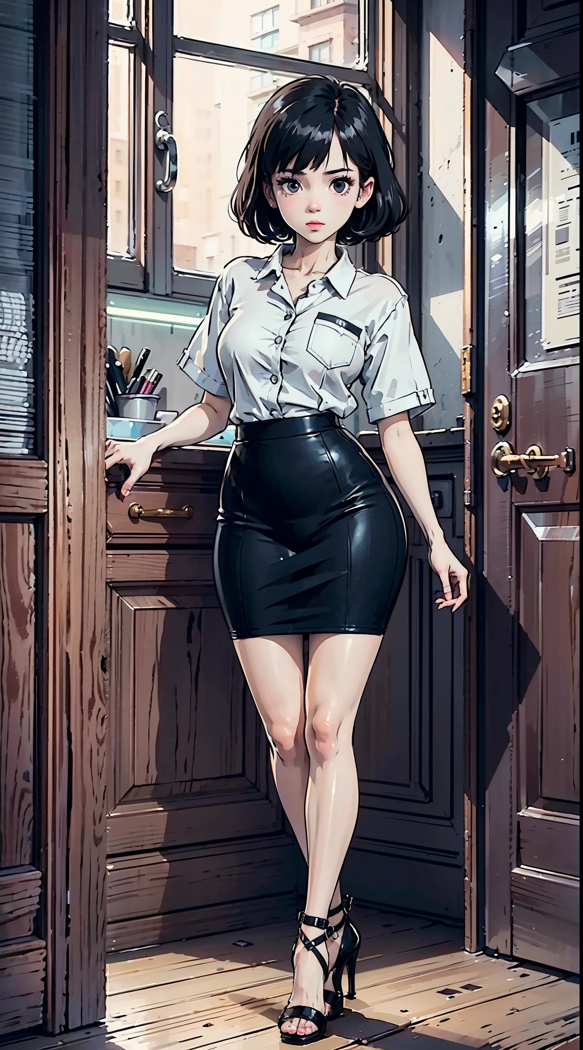 masterpiece, best quality, 8K, UHD, ultra detailed, black short hair, beatiful eyes, black eyes, sexy pose,  girl, wearing work clothes, wearing high heels