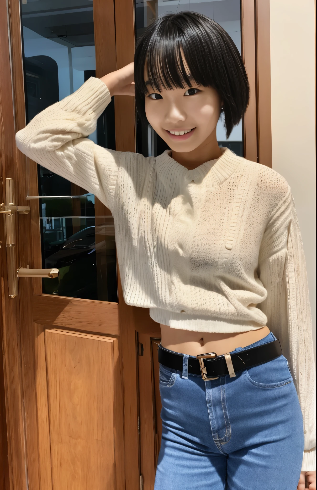 Elegant and intelligent classic Chinese woman, Wearing an abdominal belt, Standing at the door with a smile on her face, Her skin is shinier than snow, And her eyes are like a pool of clear water. There is a faint air of books in the air.
