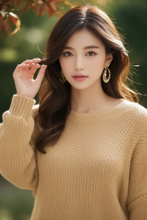 ((top-quality、8K、masterpiece:1.3))、foco nítido:1.2、Beautiful Women in Perfect Style:1.4、Slender Abs:1.2、((A dark-haired、Colossal tits:1.2))、(natural soft light、mare:1.1)、Highly detailed facial and skin texture、A detailed eye、二重まぶた、Small diamond earrings、length hair、A sexy、celebrities、high price、refinement、ren、Beautiful、Beautie、Take a closer look、age 30s,Sweaters、autumnal、Colored leaves、Golden Ratio Face、