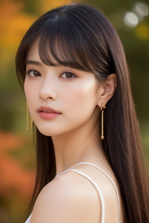 ((Highest quality, 8K, masterpiece:1.3)), concentrate: 1.2, Perfect body beauty: 1.4, Hips: 1.2, ((Long Hair, chest: 1.2)), (Dry clothes: 1.1) , (clear, Simple Background:1.3), Simple clothes: 1.1, Highly detailed face and skin texture,Delicate eyes, double eyelid, Whitened skin, Rough skin、Long Hair、Earrings with bangs、necklace、 solo、Beige coat、White shirt, (((Beautiful girl with cute Japan)))、 ((Beautiful Japanese girl 20 years old))、 ((Baby Face))、 (((Slender body)))、 Upper Body,Face focus、necklace,Simple Background,From above, Realistic Hair、 A photograph was taken:Canon EOS R6、135mm、1/1250 seconds、f2.8、ISO400、(Detailed explanation of the hand)、(Masseter muscle area)、(Exquisite CG)、Long Hair, loose and curly hair、Korean Hair、Long Hair明るいベージュ色、グラデーションハイライトグレージュのゆるふわLong Hairスタイル、