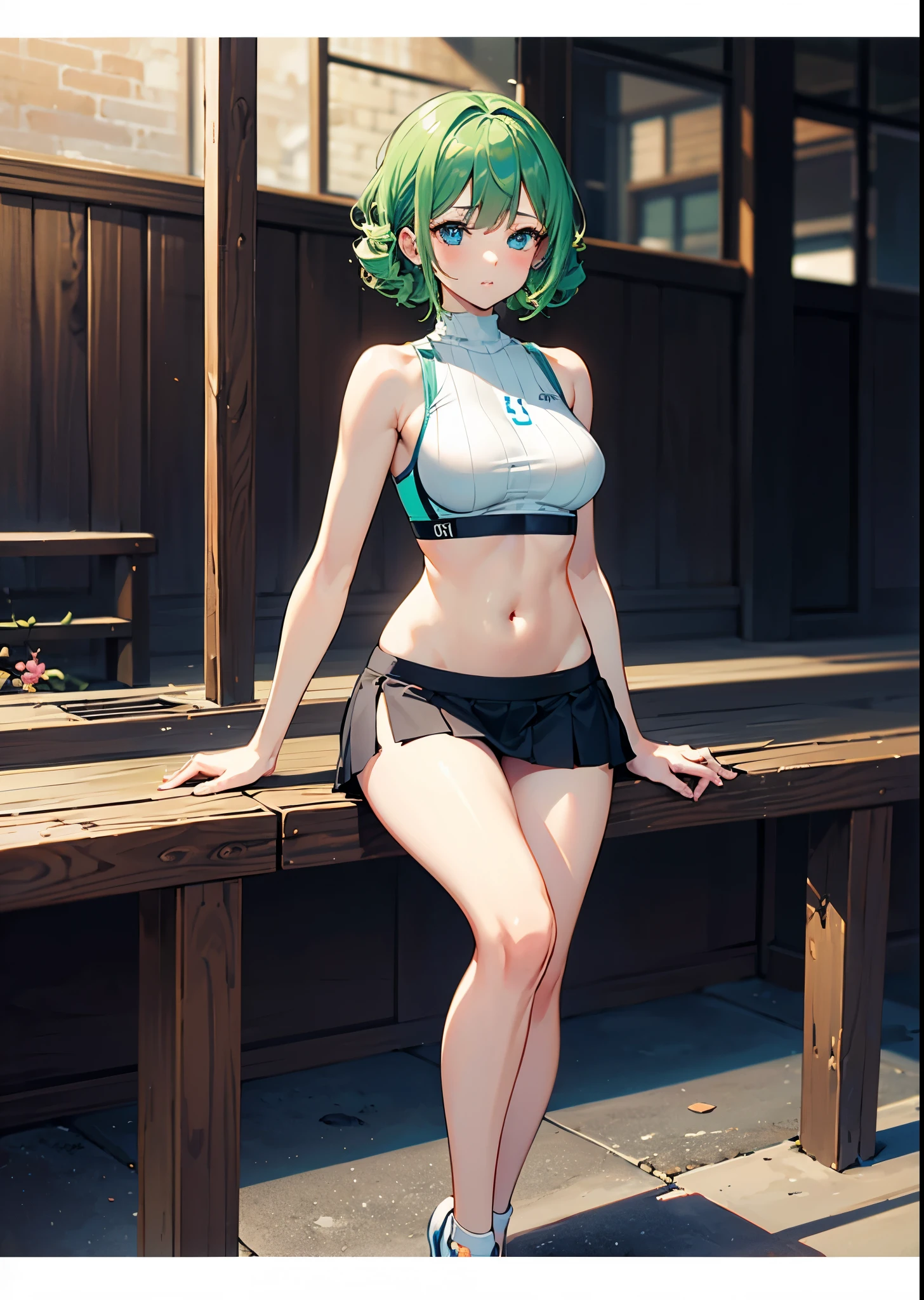 1 girl, solo, anatomically correct, short hair, curly hair, intense curls, cyan colour hair, green hair, beautiful blue eyes, medium sized boobs, small waist, wide hips, hourglass figure, Juicy thighs, wearing a short sports bra, side boob, turtle neck sports bra, bare shoulders, bare arms, mini skirt, sexy skirt, knees, stockings, stockings squeezing her thighs, sexy pose, 8k, best quality