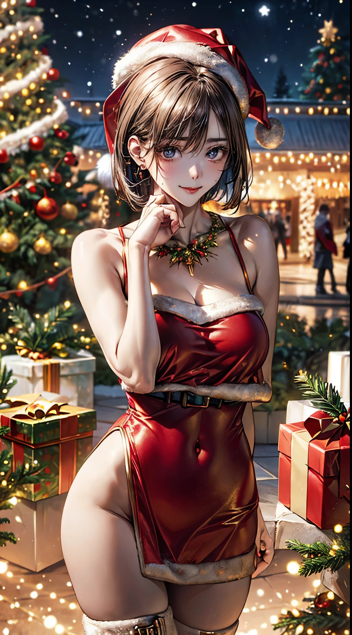 (masterpiece:1.2, top-quality), (realistic, photorealistic:1.4), beautiful illustration, NSFW, looking at viewer, cowboy shot, front view:0.8, 
1 girl, japanese, high school girl, beautiful hair, beautiful face, beautiful detailed eyes, 
(short hair:1.2, bob cut:1.2), bangs, hair between eye, light brown hair, blue eyes, mole under eye, 
beautiful clavicle, beautiful body, beautiful chest, large breasts:0.8, beautiful thighs, beautiful legs, beautiful fingers, bare thighs, (thick thighs, large valleys), 
(beautiful scenery), christmas night, outdoors, (christmas tree:1.3), 
((wearing santa claus costume, symmetrical clothing, metallic red santa claus hat, metallic red santa claus dress, metallic red santa claus boots, bare shoulders), jewelry pias, christmas necklace), 
((seductive posture:1.5, attractiveness:1.5)), 
(erotic, sexy, upper eyes, laugh), shiny skin, walking, 
celebration, exquisite details, exciting surprises, shiny ornaments, sparkling tinsel, 
anticipation, festive mood, magical ambiance, delightful moment, wonderful memories, christmas magic, extravagant, abundance of presents, 
perfect face, cute and symmetrical face, natural side lighting, movie lighting), depth of fields,
