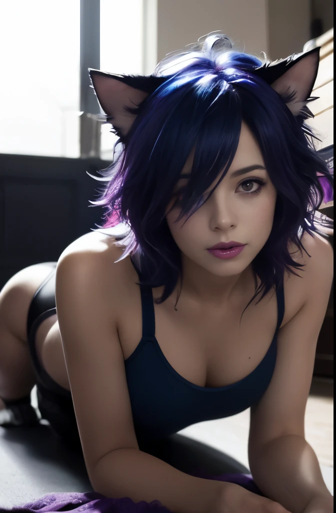 deep blue and magenta ombre,
on all fours, 1woman, cat ears, front facing, eye contact, eyeliner, happy, living room, spiky hair, messy hair, bedhead, dark lighting, large ass