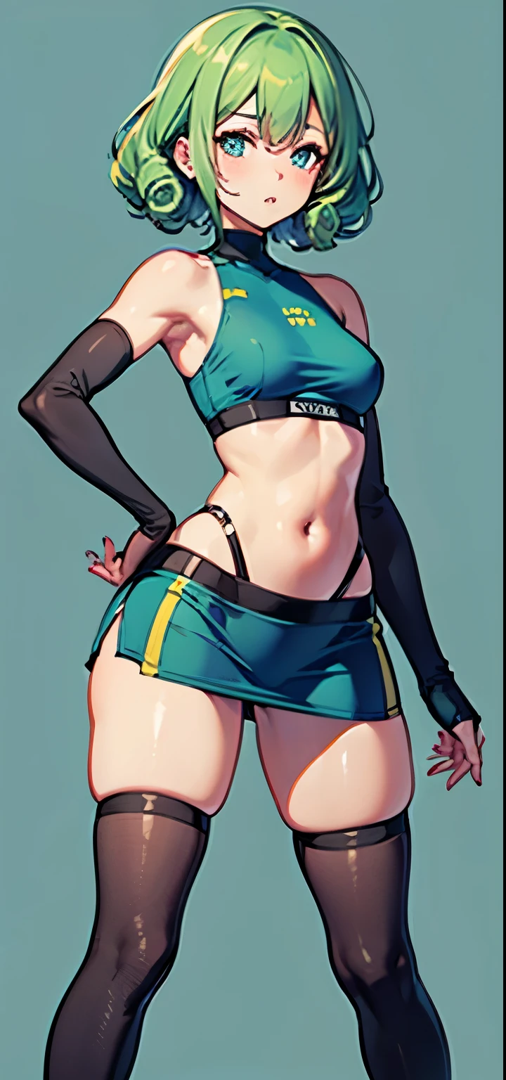 1 girl, solo, anatomically correct, short hair, curly hair, intense curls, cyan colour hair, green hair, beautiful blue eyes, medium sized boobs, small waist, wide hips, hourglass figure, Juicy thighs, wearing a short sports bra, side boob, turtle neck sports bra, bare shoulders, bare arms, mini skirt, sexy skirt, knees, stockings, stockings squeezing her thighs, sexy pose, 8k, best quality