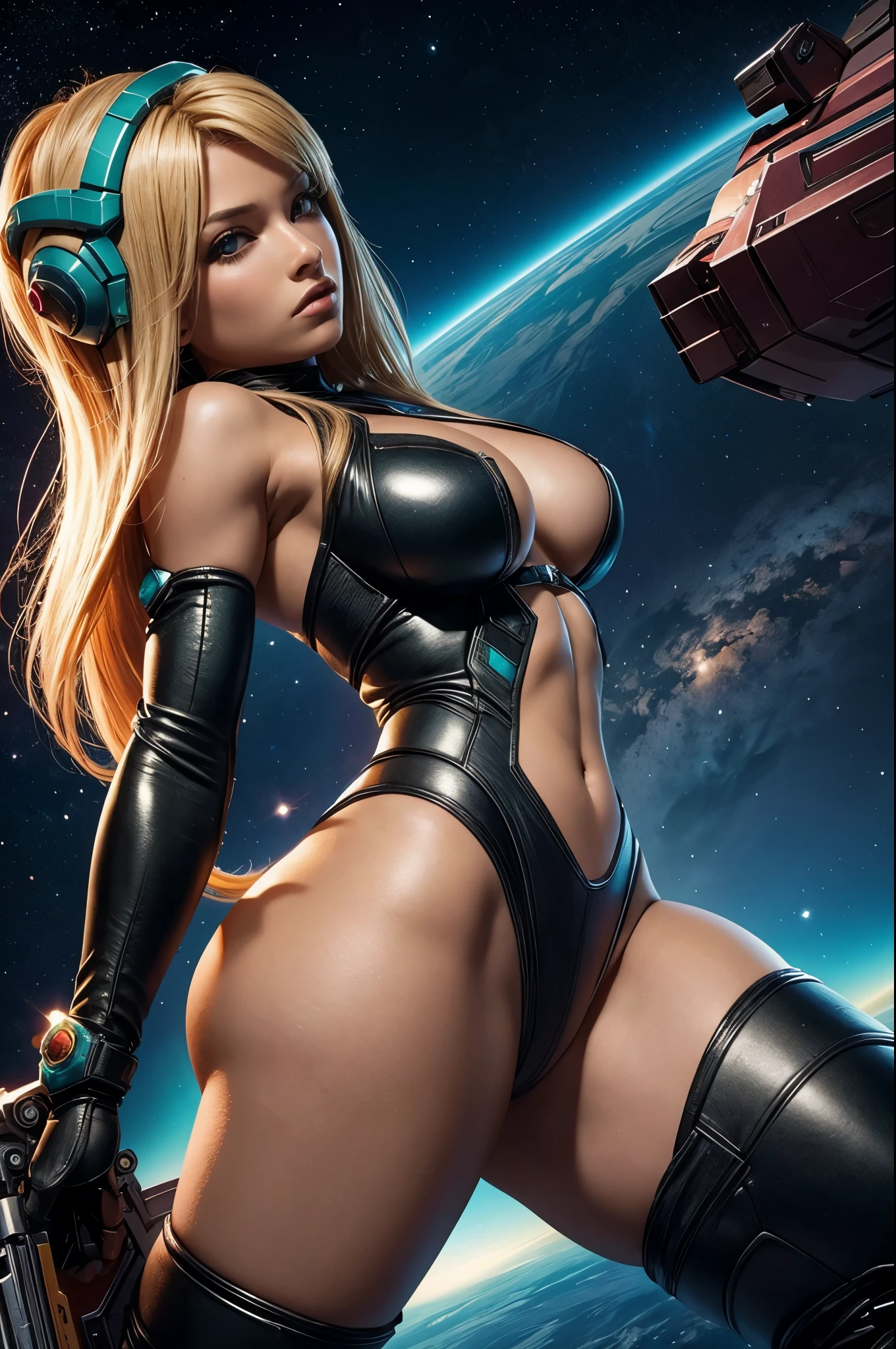 bounty hunter in the depths of space, samus aran, totally pissed, boobies are outstanding,beautiful hair, well toned thighs, pillowy lips, butt looks super tight, 1girl,  object