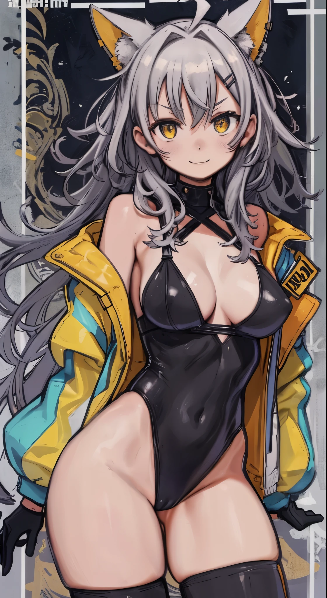 (Perfect body),Best Quality, K、NSFW、(((((Lori)))))、((((Short stature))))、blush、(V-shaped eyebrows)、A smile、embarrassed from、((((Long hair))))、((hair messy))、waved hair、Ahoge、(Yellow eyes),((greyt hair))、Yellow goggles on the head、yellow lean hair clip、((Black Leotard))、(White knee socks)、(german gray gloves)、german gray jacket、(bulging nipple)、((Undersized breasts))、(((thick thighs)))、Armpits、A desert