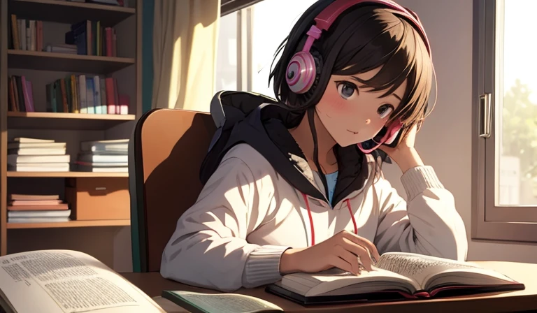 a girl study in room wearing headphone focus on reading book