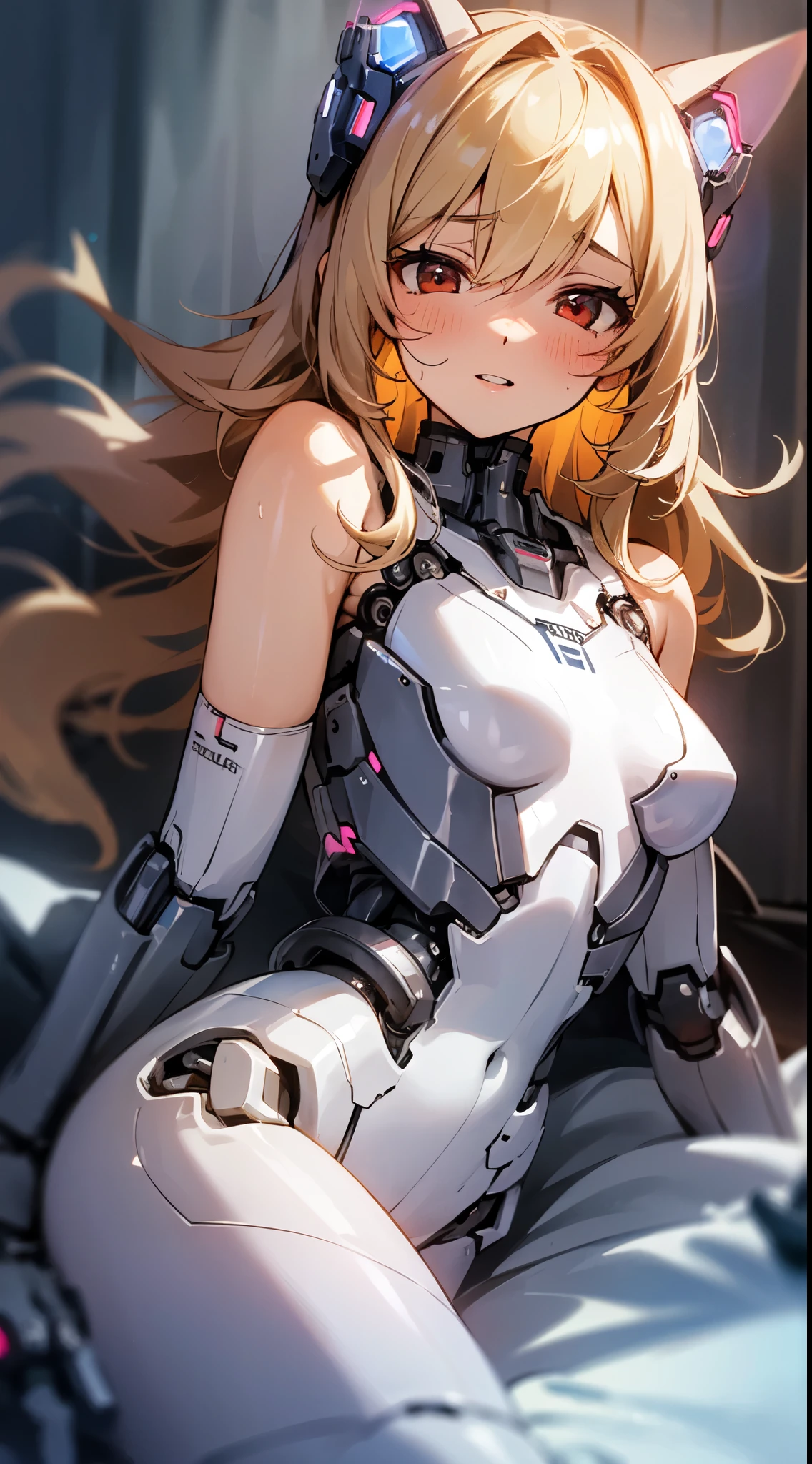 an extremely delicate,
beautiful girl,
break,
8k,
best quality,
masterpiece,
ultra hires,
ultra detailed girl,
super fine illustration,
break,
(looking at viewer),
rim lighting,
Cinematic Lighting,
bloom,
glowing,
moody lighting,
on bed,
hotel bedroom,
break,
1girl,
solo,
(cyborg girl:1.3),
college age,
perfect female body,
(lie on one's back:1.2),
(embarrassed, hapiness, blush:1.3),
(steam:0.8),
(wet:0.8),
(trembling:0.8),
(sweat:0.8),
(parted lips:1.3),
(half open eyes),
(feeling weak:1.3),
arching the body backward,
fluttering long hair,
big hair,
air bangs,
long bangs between eyes,
fluffy hair,
(shiny blonde hair),
boyish face,
(red eyes),
(glowing cyborg eyes:1.2),
(bare thighs:1.2),
(bare shoulders:1.2),
small breasts,
break,
white body with indigo patterns,
(mechanical joints:1.2),
pale pink energy core,
thigh high socks,
chest armor,
mechanical cat ears,