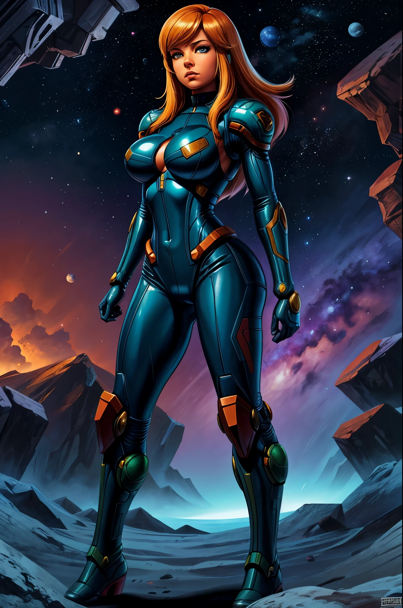 bounty hunter in the depths of space, samus aran, totally pissed, boobies are outstanding,beautiful hair, well toned thighs, pillowy lips, butt looks super tight, 1girl,