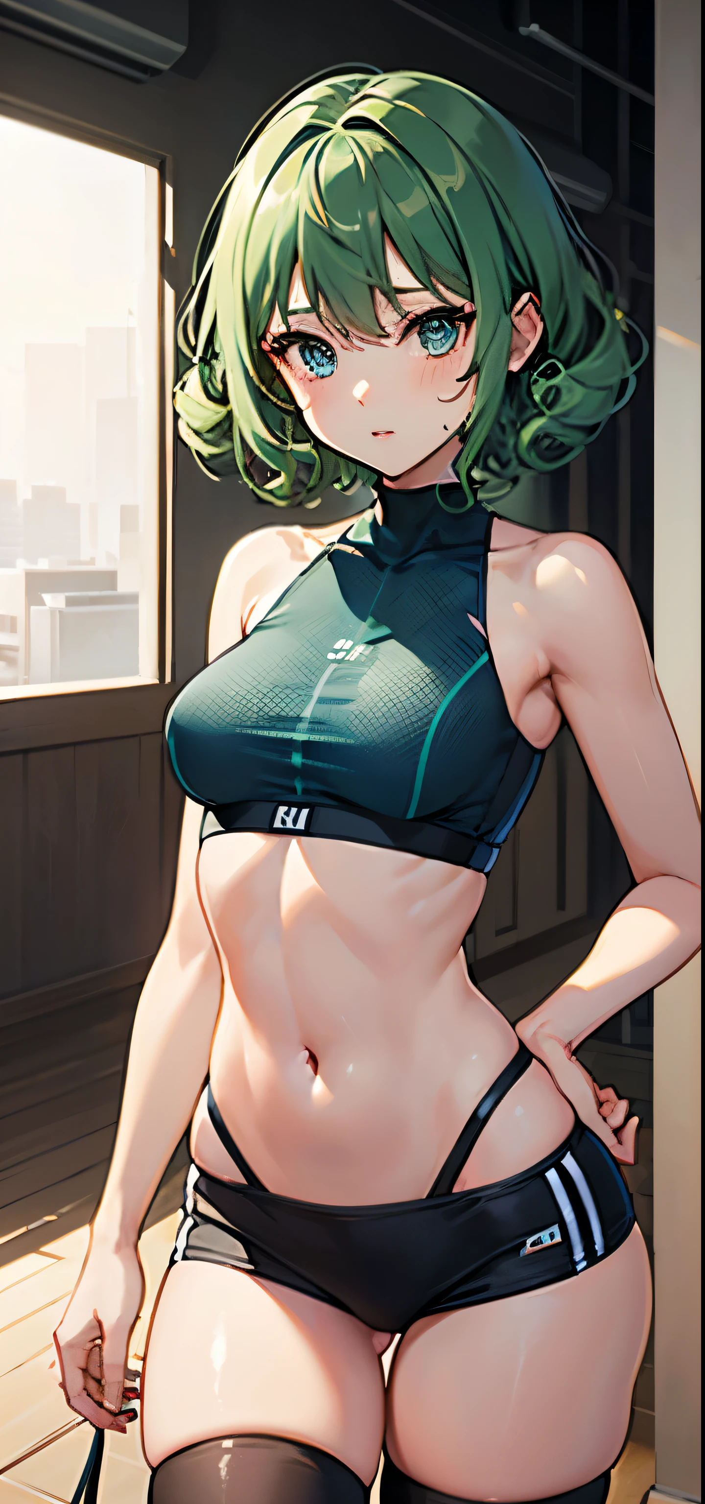 1 girl, solo, anatomically correct, short hair, curly hair, intense curls, cyan colour hair, green hair, beautiful blue eyes, medium sized boobs, small waist, wide hips, hourglass figure, Juicy thighs, wearing a short sports bra, side boob, turtle neck sports bra, bare shoulders, bare arms, mini skirt, sexy skirt, knees, stockings, stockings squeezing her thighs, sexy pose, 8k, best quality