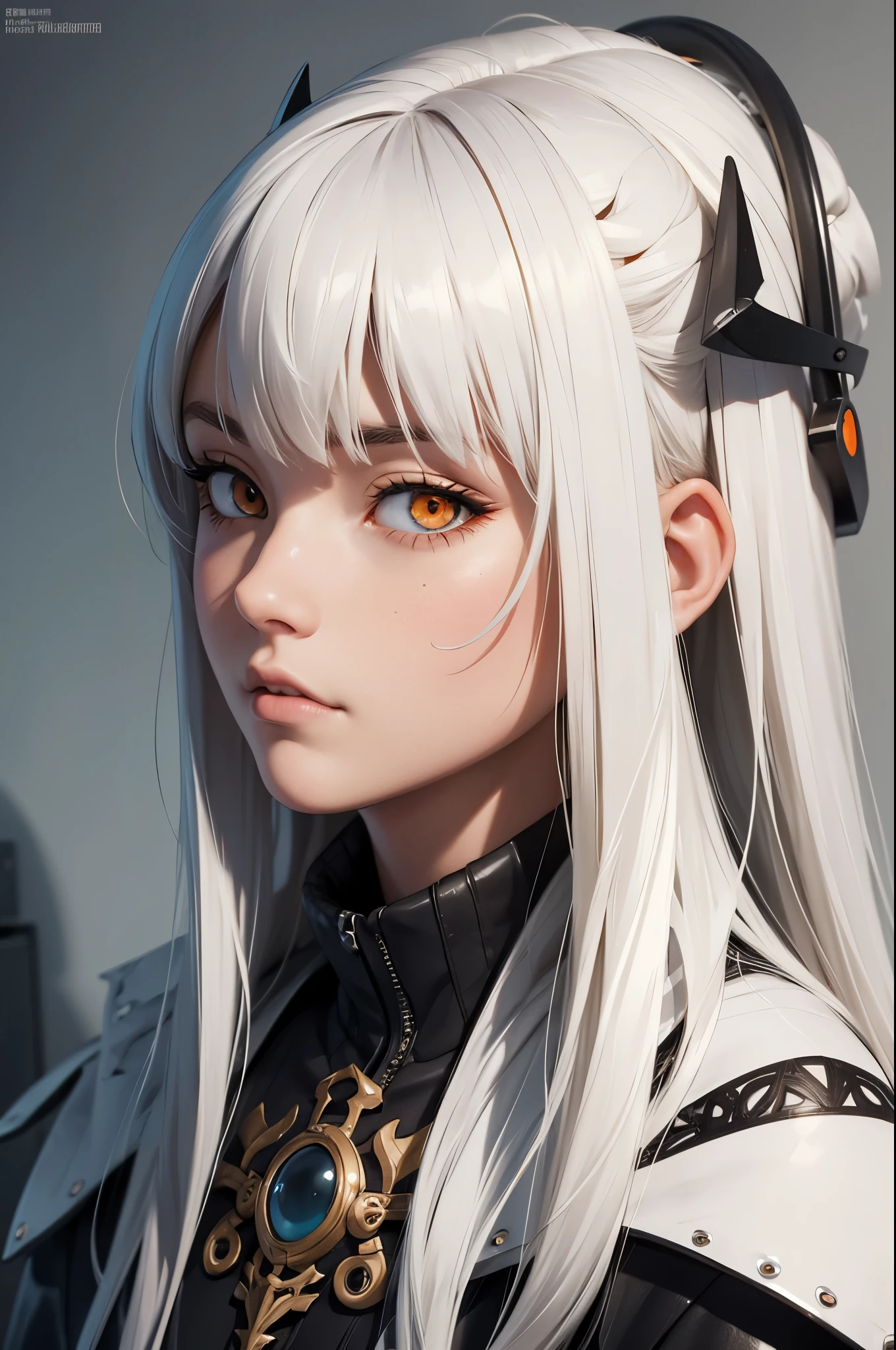 style of Tsutomu Nihei,(incredibly absurdres, (high resolution:1.18), intricate detail, (masterpiece:1.1), (highest quality:1.1), absurdres),(1girl, portrait, white hair, orange eyes, long hair, detailed eyes),