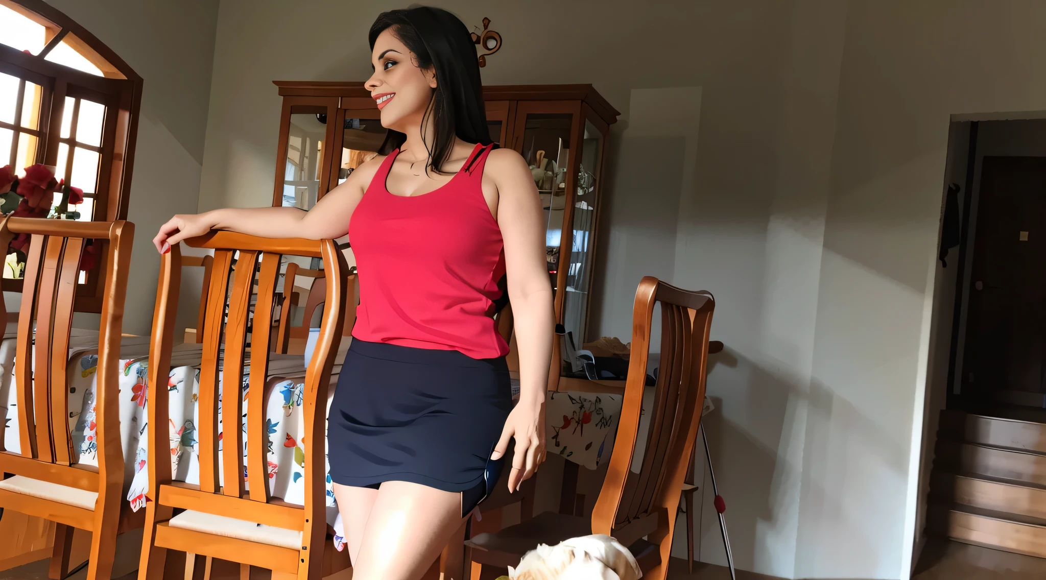mulher de blusa vermelha e saia preta ao lado de um cachorro branco, tiro do meio cintura para cima, usando uma regata e saia, usando saia, vestindo shorts vermelhos, lunging at camera :4, vestindo camisola e shorts, com uma saia vermelha, vestido com um top e shorts, imagem desfocada, usando uma saia, cintura - tiro