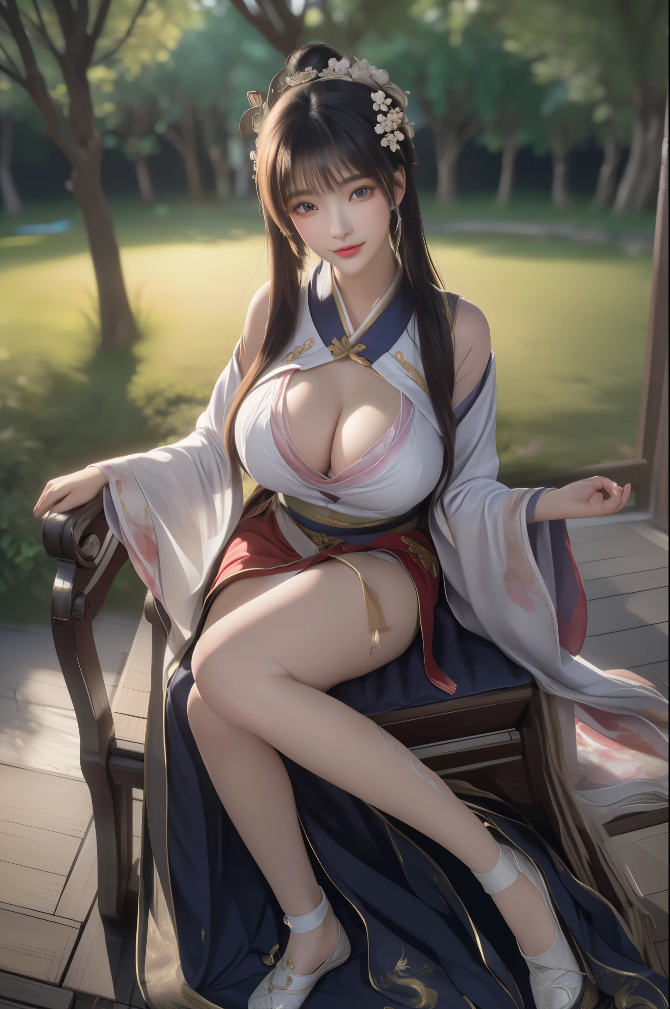 (8k, RAW Photos: 1.2), Best Quality, Illustration, Beautiful Painting, 1 sexy happy girl, Beautiful Face, Delicate Skin, Gorgeous Bun, Hair Accessories, (Hanfu:1,4), looking at viewer, ((sitting on old Chinese chair)), Chinese fan, Full Body, High Detail, Accent, Color Ink Painting, (((colorful)), lycoris, Sketch, Denoising, Dramatic, Cinematic, White background, Super High Resolution, Best Shadow, RAW, (HDR) (wallpaper) (Cinematic lighting) (sharp focuasterpiece, (Very detailed 8k wallpaper), (gigantic breasts:1.2),  bamboo trees, Sakura garden, Sakura flower, (lags open facing viewer:1.5), Chinese bedroom,