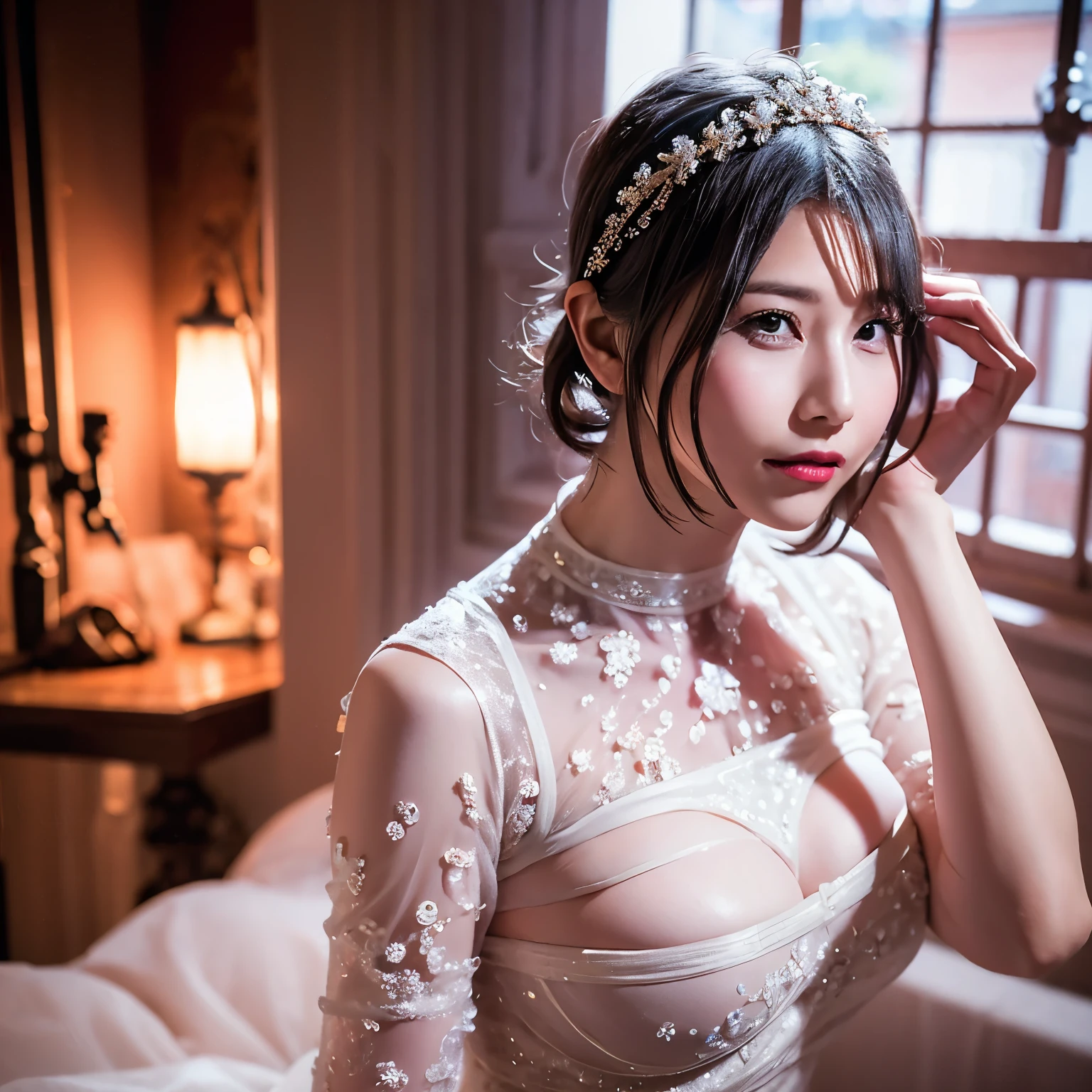 top-quality、8K Masterpiece、超A high resolution、(Photorealsitic:1.3)、Raw photo、1人、(best qualtiy, K HD, tmasterpiece:1.2,), illustratio, the night, 1个Giant Breast Girl, full body Esbian, (weddingdress), Keep your arms behind your back, Waiting for a kiss, looking at viewert, Happy, Be red in the face,Upper body,White hair,White theme,Short hair,Silver hair,((Black Hair Band)),Yorha No. 2 Type B,See-through nipples