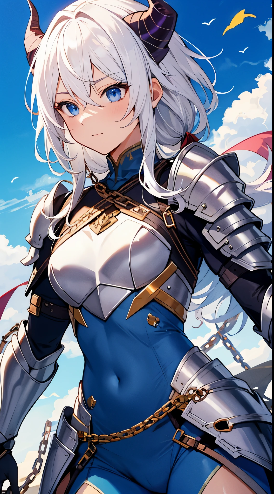 [masterpiece, ultra-detailed, best quality] white hair, blue eyes, tied-up hair, fit body, dynamic angle, chainmail armor, encampment, broken horns, calm, collected.