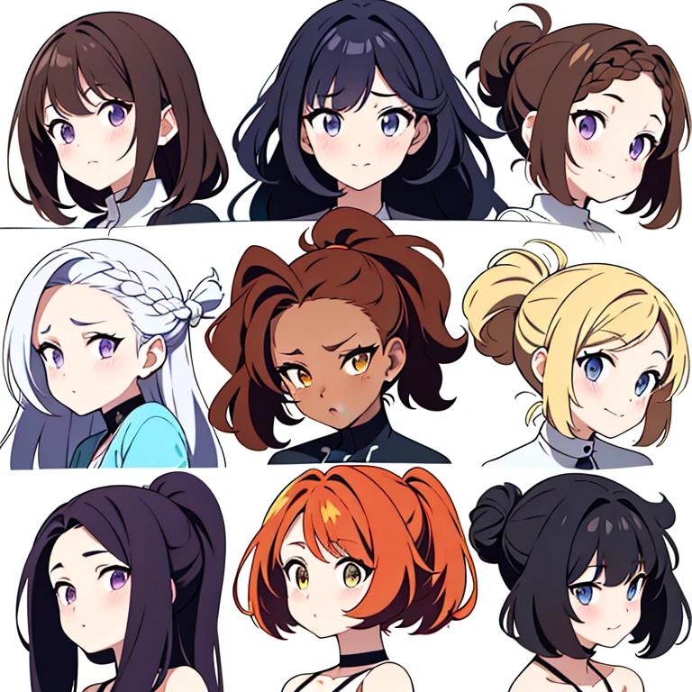 9 girls, white background, different characters, multiple views, (Close up heads, portrait, mugshot), bra, bare shoulders, bikini, different hair colors, different hair styles,
twin-tail hair style,
pony-tail hair, wavy
long hair,
braid,
parted bangs,
high ponytail,
low ponytail,
big hair, cornrows,
hair bun,
hair rings,
half updo hairstyle,
diagonal bangs,
two side up hair,
flipped hair,
blunt bangs,
warm-toned hair colors,
cool-toned hair colors,
brown hair color,
red hair color,
yellow hair color,
white hair color,
purple hair color,
blue hair color,