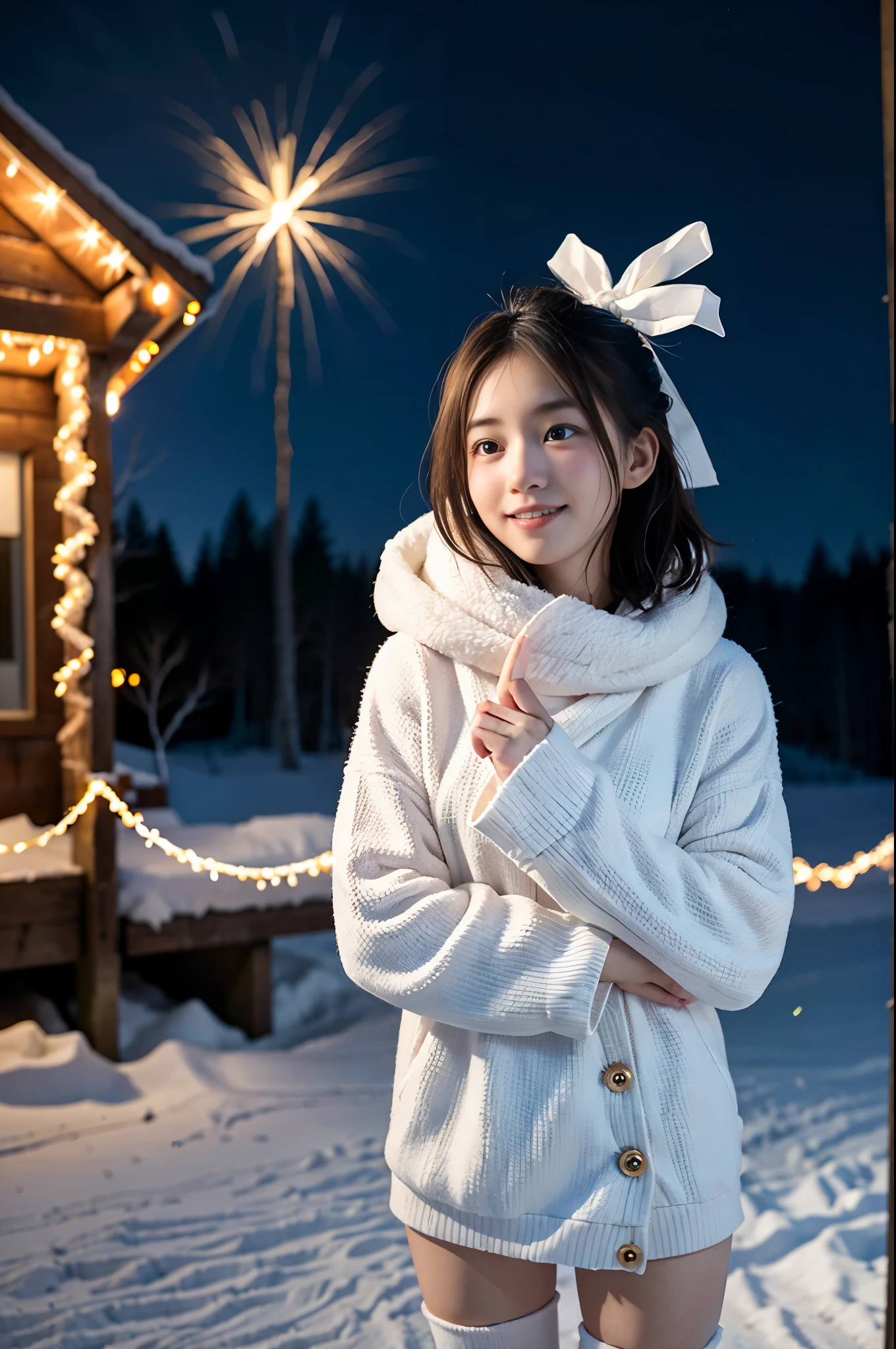 (Best Quality,4K,hight resolution,masutepiece:1.2),Realistic,Christmas,girl (),Hugging a big teddy bear、(fullnude)、backshots、Looking up at the night sky、a closeup,Snow falling in the background,Winter wonderland,Magical atmosphere,Soft lighting,Vibrant colors,Happiness,Welcoming environment,Warmth,Shortcut Hair,Shimmering decoration,Twinkling lights,wrapped present,magic snowflake,Christmas tree with ornaments,log cabin,Peace and quiet,Excitement and anticipation,Snowy landscape,Enchanted moments,Upholstered stockings